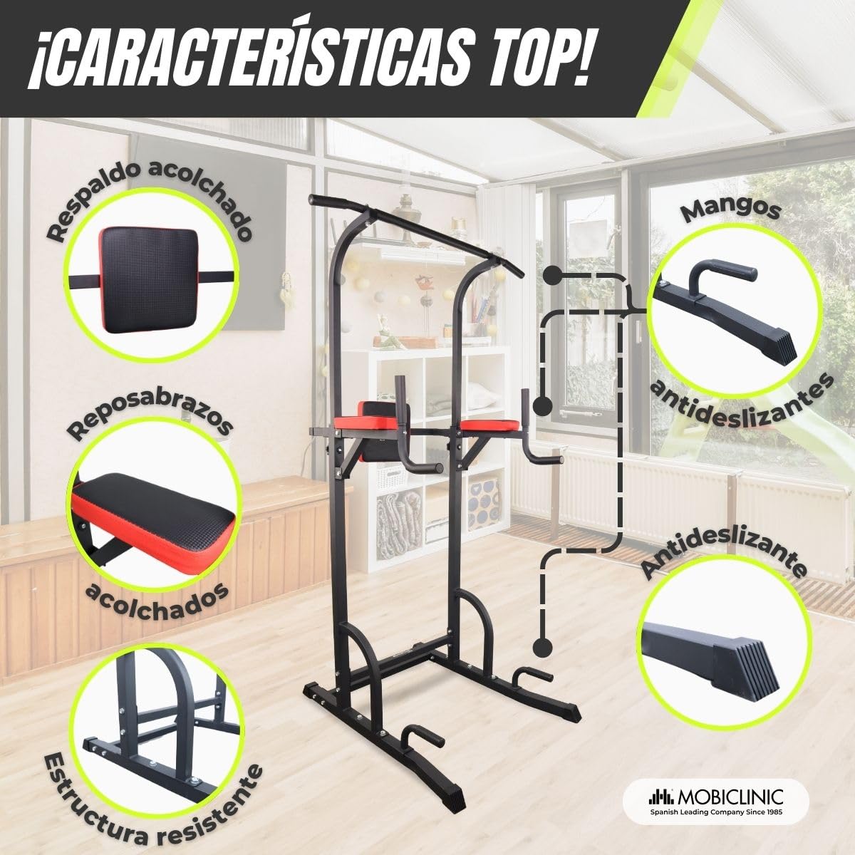 Mobiclinic®, Estación de fondos, Ajustable en 8 Alturas, Respaldo regulable, Resistente, Dominadas, Torre Multifuncional, Power Tower, Gimnasio en Casa, Pull-up, Multifit