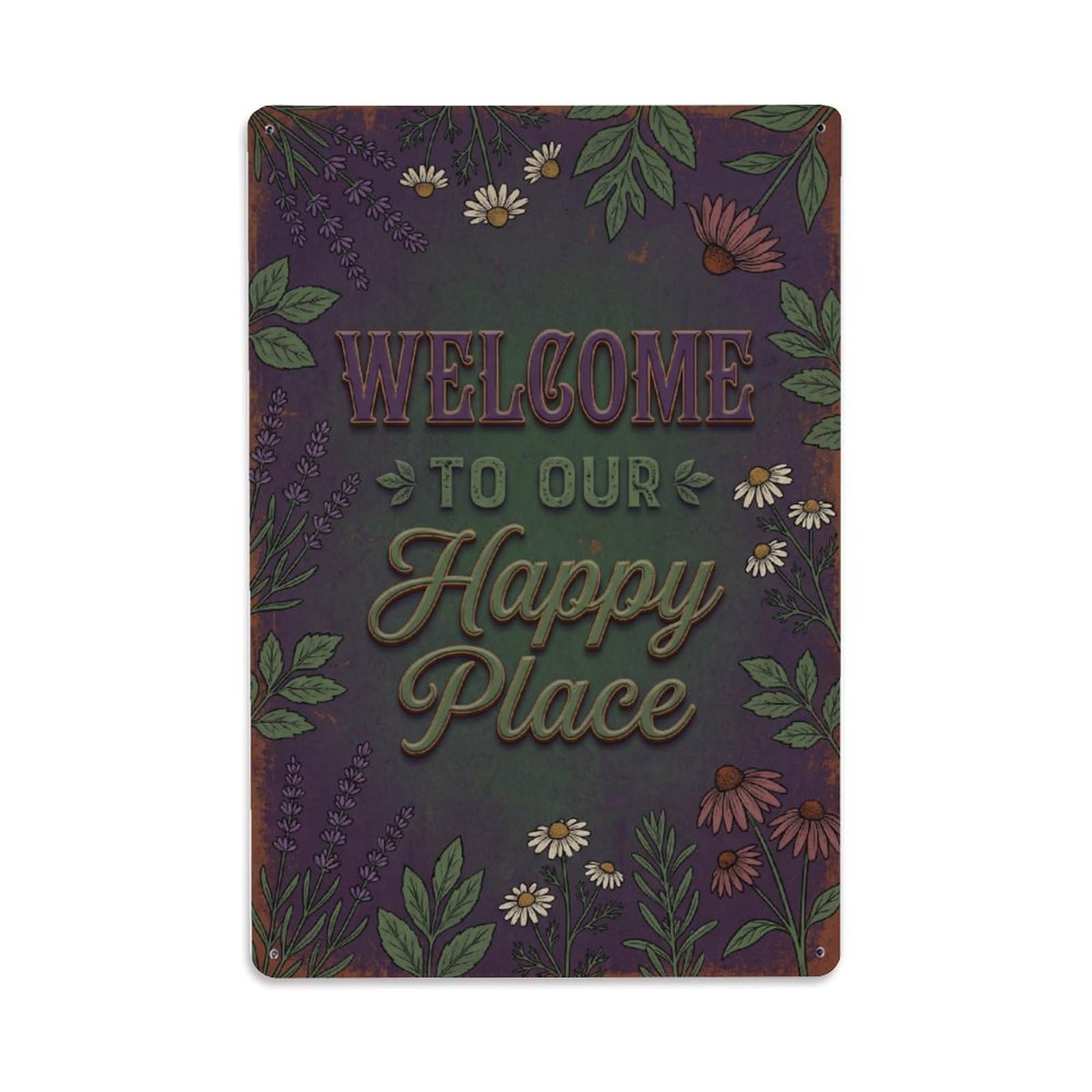 Welcome To Our Happy Place Vintage Apothecary Garden Metal Tin Sign Plaque Wall Decor for Cafe, Club Bar, Office, Home Garden Metal Poster 8x12Inch