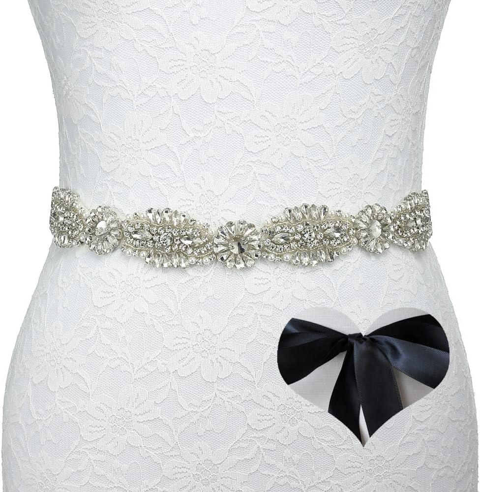 021-Kunlai Bridal Sash Belt,Wedding Belt,Bridal Dress Belt (Black - Style 2)