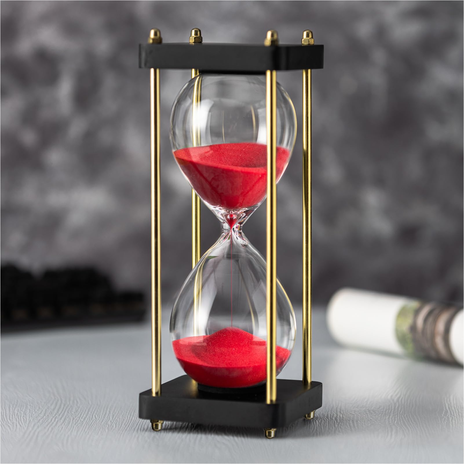 ELAINESTOREHourglass Timer 60 Minute with Golden Pillars, Black Wooden Base Decorative Sand Timer (Red Sand, Large Size)