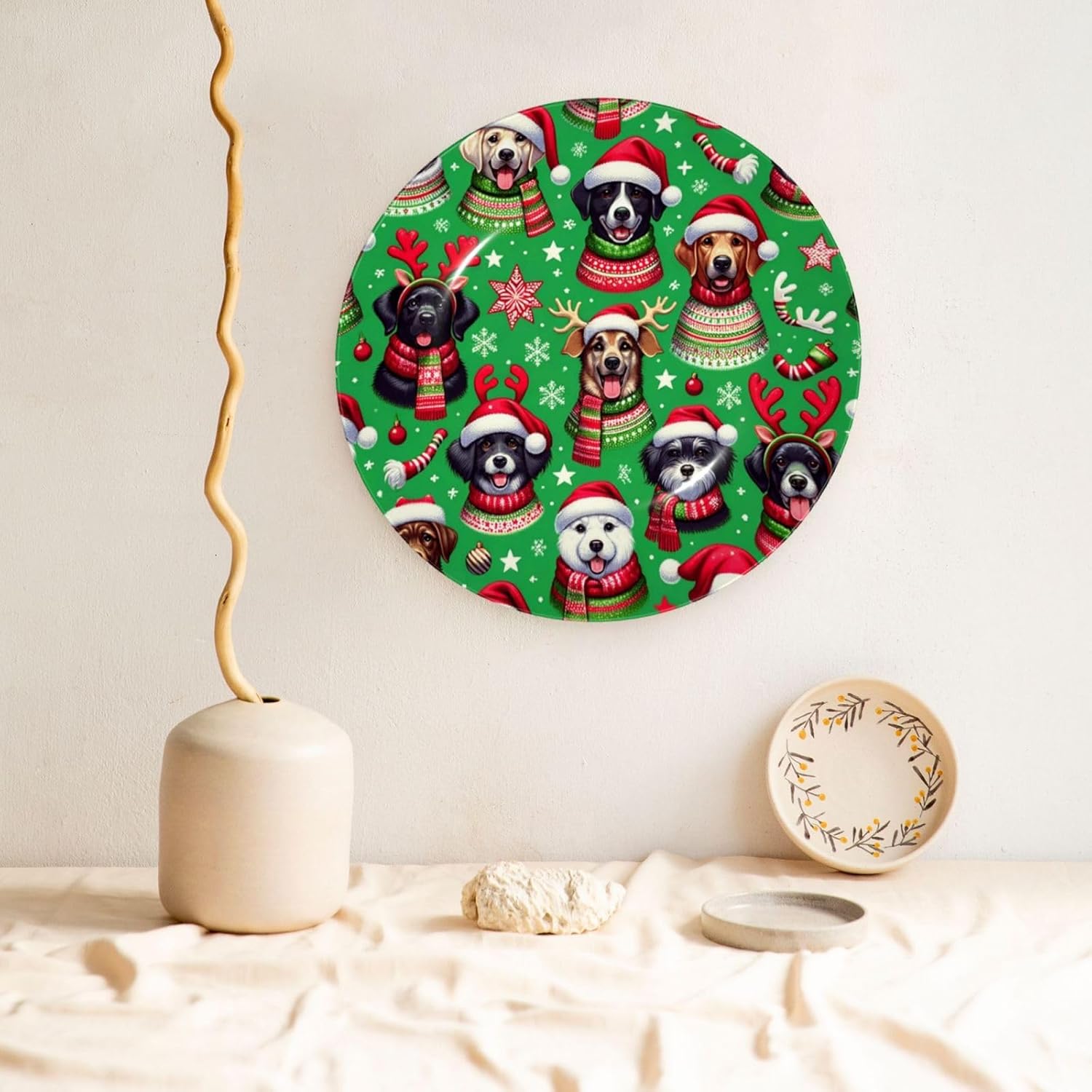 Christmas-Dogs-Snowflakes-Stars 10 Inch Decorative Plate With Stand, Elegant Display Wall Plate For Home Decor