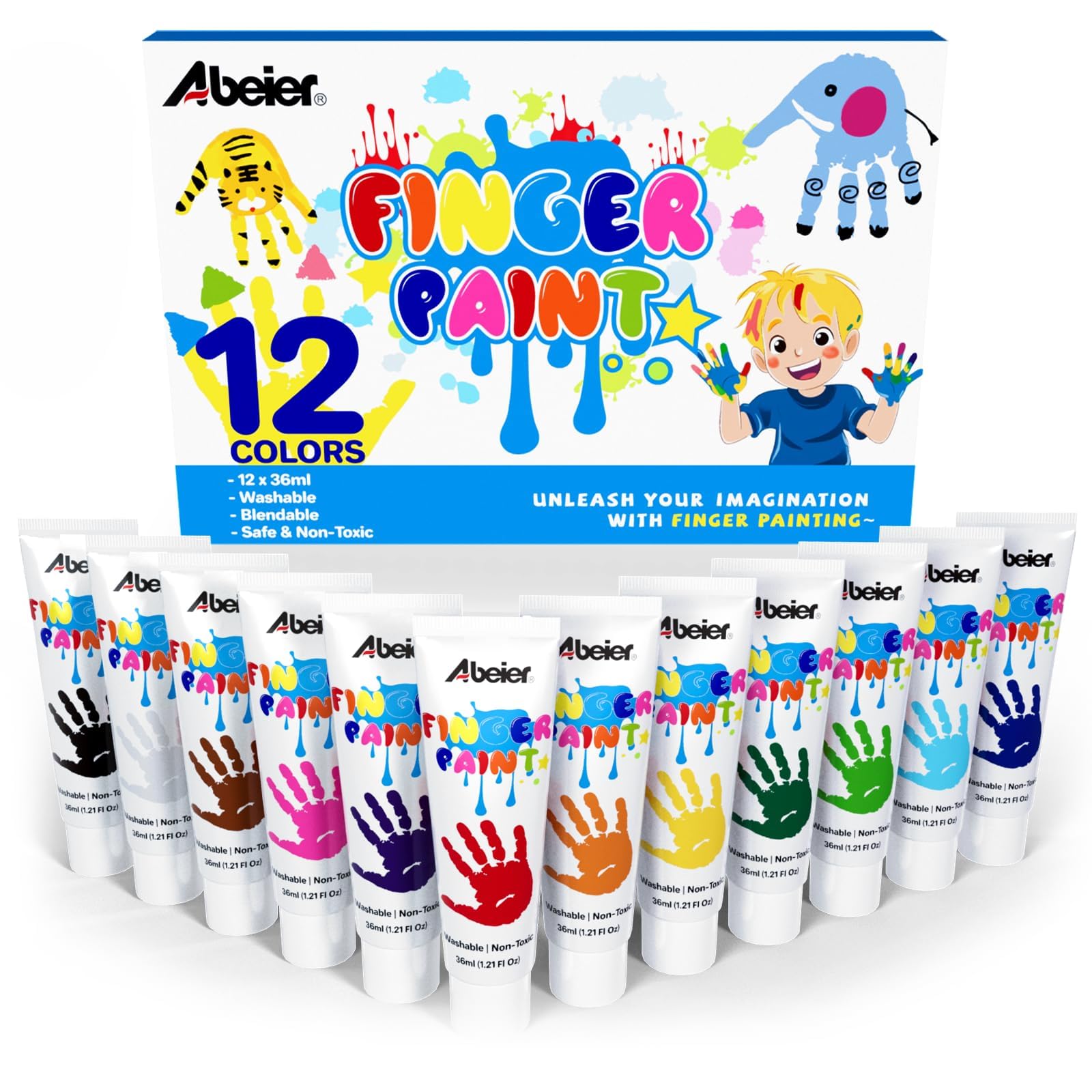 ABEIER Fingerfarben Kinder Ungiftig, Waschfest, 12 x 36ml, Auswaschbar Kleinkinder Fingermalfarben, Kind Farbe für Abdrücke,Sicheres Malzubehör für Kindergarten Schule Frühes Lernen, zu Hause
