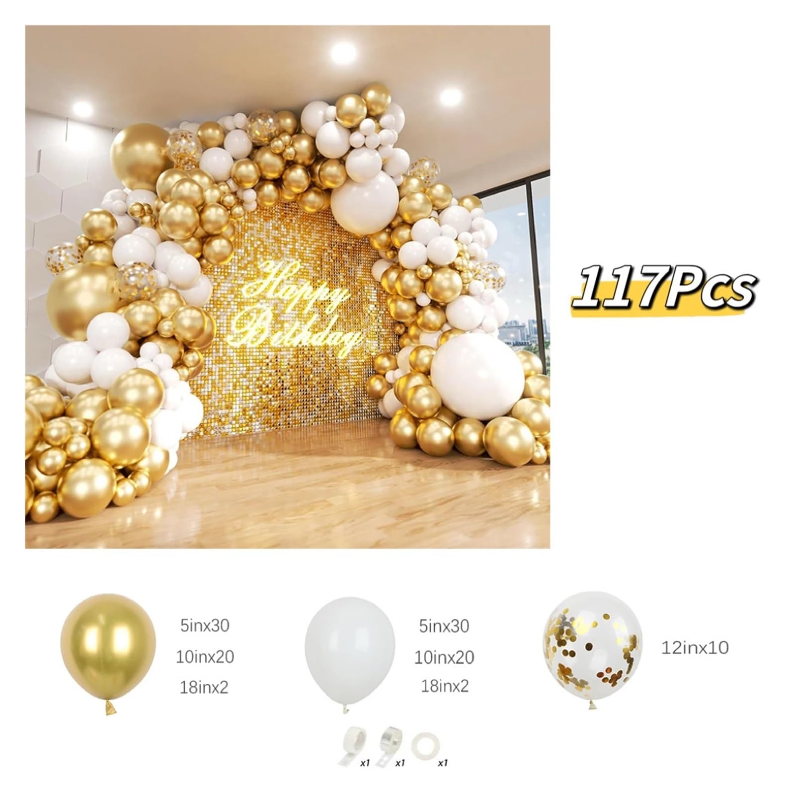 117 Piezas Kit De Guirnaldas Globos Fiesta Confeti Dorado Metálico Blanco Mate for Bodas Cumpleaños Aniversario Ceremonia Graduación Celebración Suministros Decoración Para Fiesta