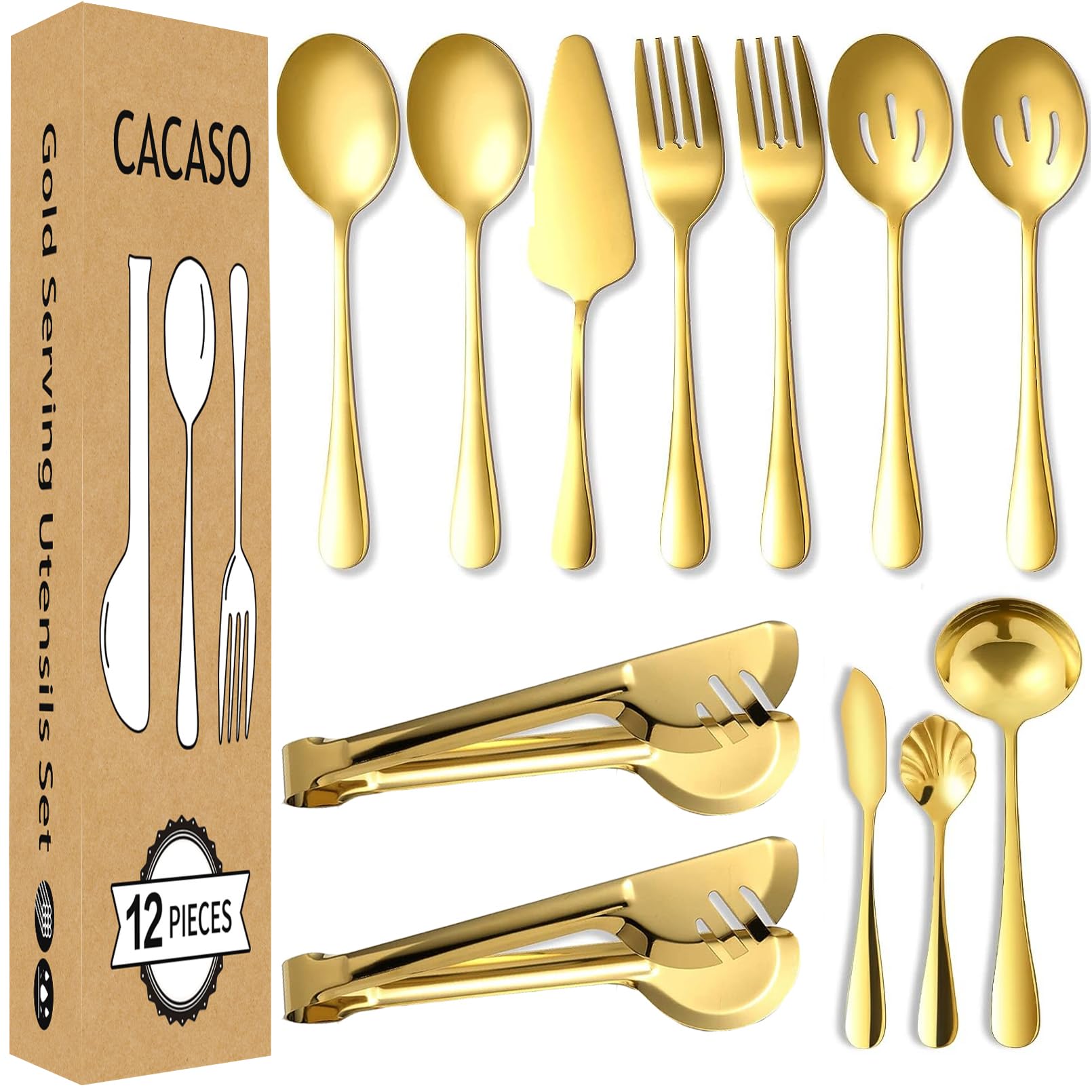 12 Pcs Gold Serving Utensils, Stainless Steel Serving Utensil Set Include Serving Spoons,Slotted Spoons,Tongs,Forks,Butter Knife,Soup Ladle,Pie Server,for Parties Wedding Christmas
