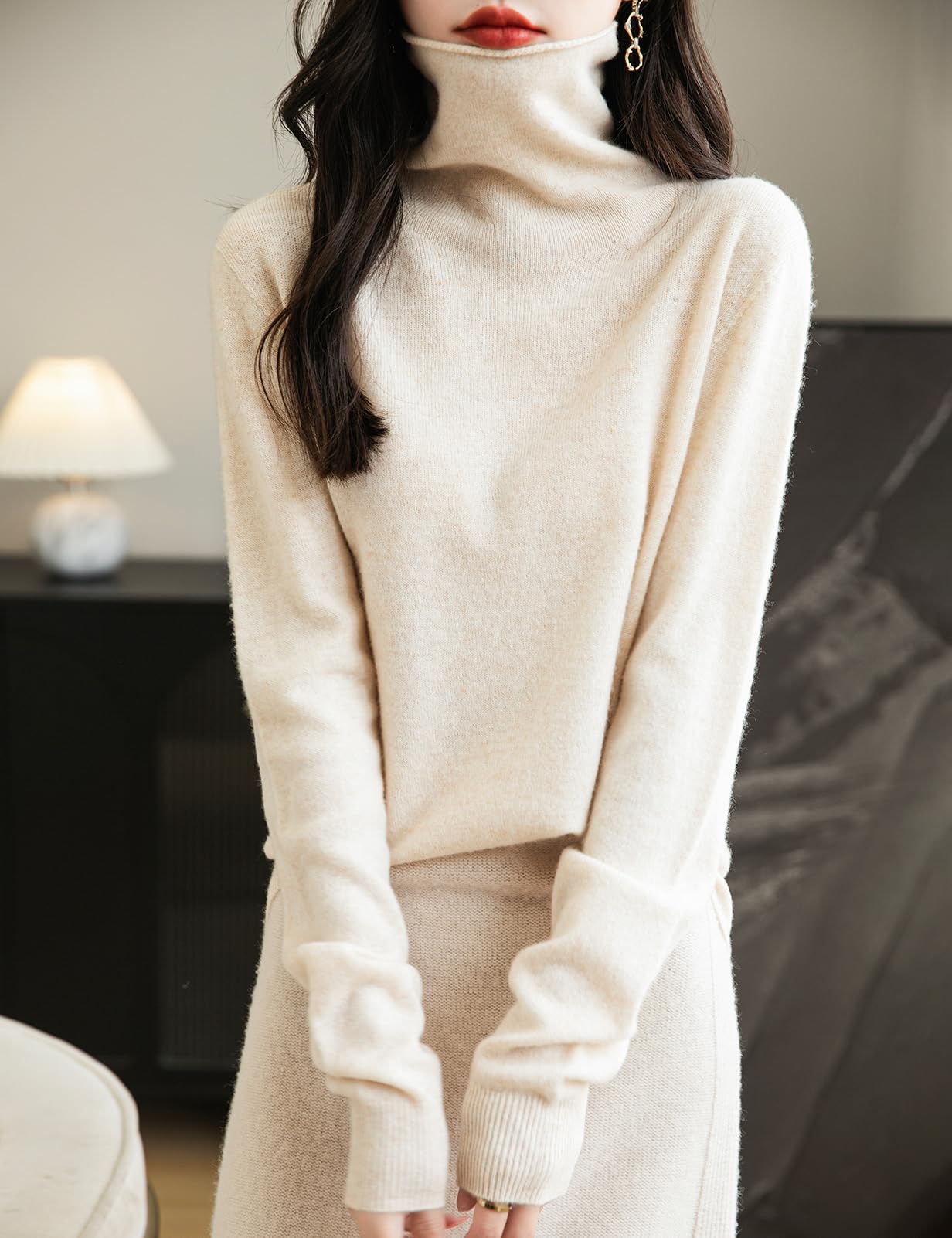 Chanyarn Mujer Jersey 100% Lana Merina de Cuello Alto Primavera Otoño Suéter Manga Larga Sin Costuras Jersey de Punto