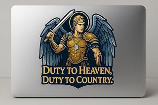 Archangel Michael in Roman-Style Armor Sticker with USA Dog Tags Decal “Duty to Heaven, Duty to Country” Vinyl Car Window Laptop Bumper Angle Waterproof Bottle
