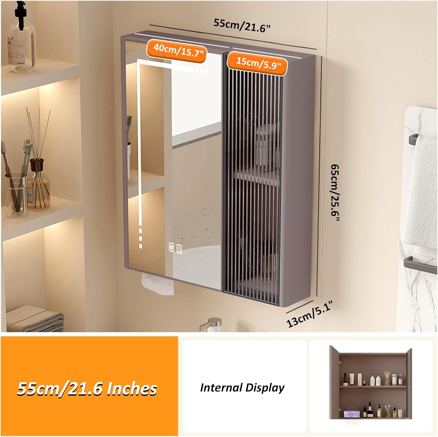 Led Illuminated Bathroom Mirror Cabinet Wall Mounted Over Toilet Storage with Defog Button Gray Vanity Makeup Mirror Cabinets,Grey55X65X13Cm