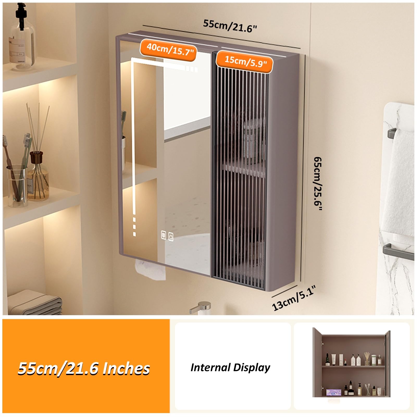 Armario de baño con espejo LED con interruptor antivaho, color gris, espejo de maquillaje, ahorro de espacio, almacenamiento sobre el inodoro, gabinete de medicina moderno con iluminación integrada