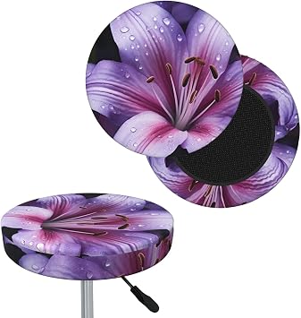 Purple Lily Flowers Round Bar Stool Covers Super Soft Elastic Stool Cushion Slipcover Washable Velvet Bar Chair Covers for Bar Kitchen Dining Room Indoor 12 Inch