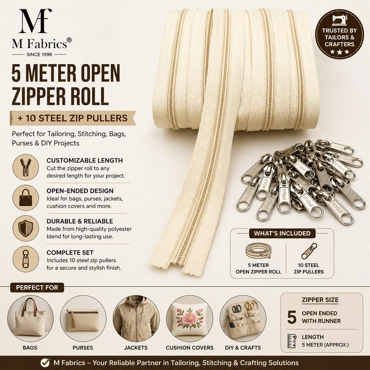M Fabrics 5 Meters Open Zipper with 10 Steel Zip Puller in Meter for Tailoring, Stitching, Bags and Purse (Open Ended Zip) - (5 Meter Roll + 10 Steel Zips Runner) - (Cream) 1