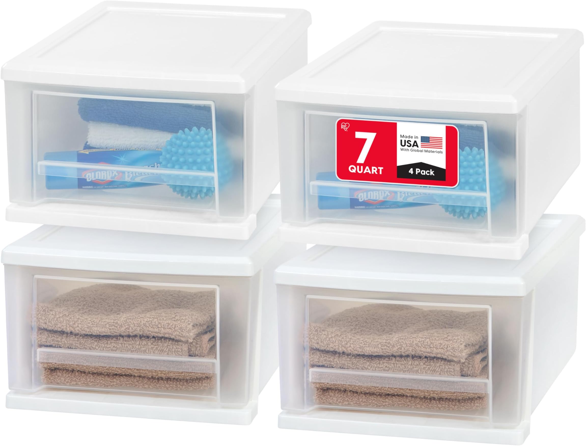 IRIS USA 7 Qt. Plastic Stackable Storage Drawers, Small, 4 Pack, Multi-Purpose Bins for Bedroom, Bathroom, Closet, Craft Room, Garage, Kids Room, Office, Pantry, Under Sink, White