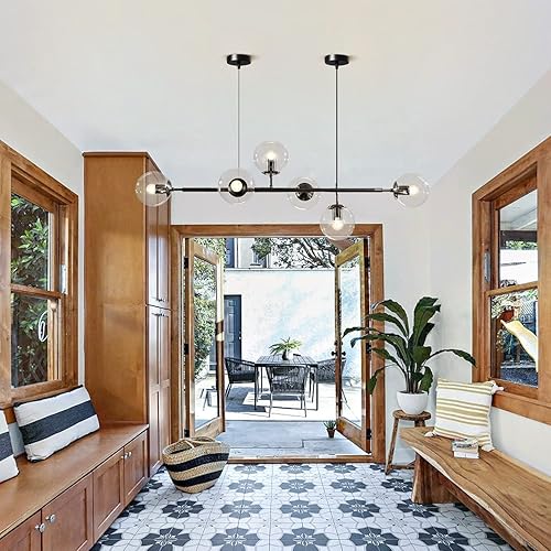 Miniatura 7 de BOKT Lámpara colgante de globo de vidrio transparente de 6 luces, lámpara Sputnik rectangular moderna de mediados de siglo, estilo vintage, negro,