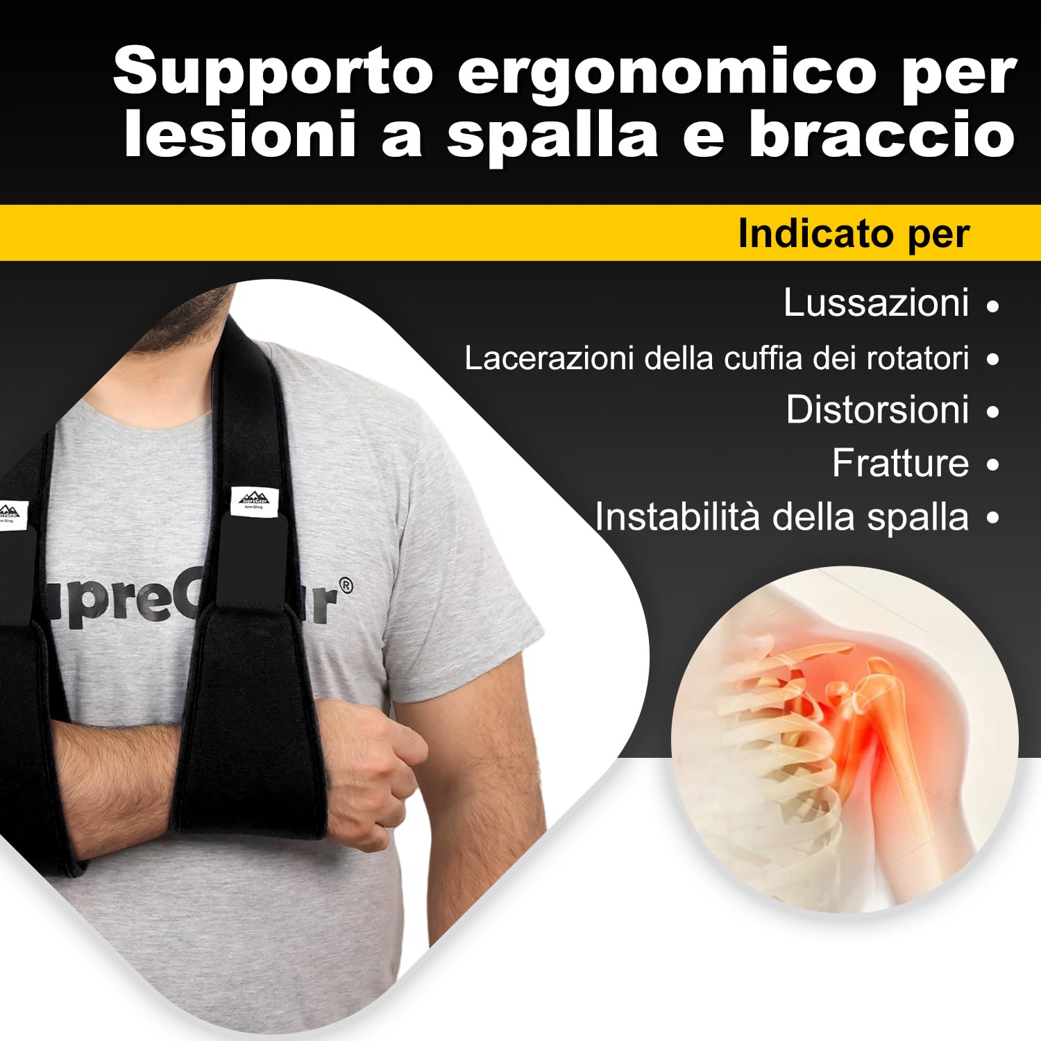 supregear Supporto Braccio Immobilizzatore Spalla, Tutore Leggero e Confortevole per Spalla Infortunata, Frattura, Lussazione, Distorsione, Sinistra/Destra, Uomo Donna, Nero