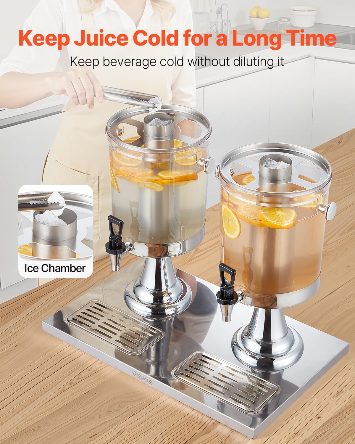 VEVOR Distributore di Bevande, 8 L x 2 per Feste, Contenitore di Succhi in Acciaio Inox e Plastica con Rubinetto per Camera del Ghiaccio, Distributore Monocilindrico di Tè, Limonata, per Ristoranti