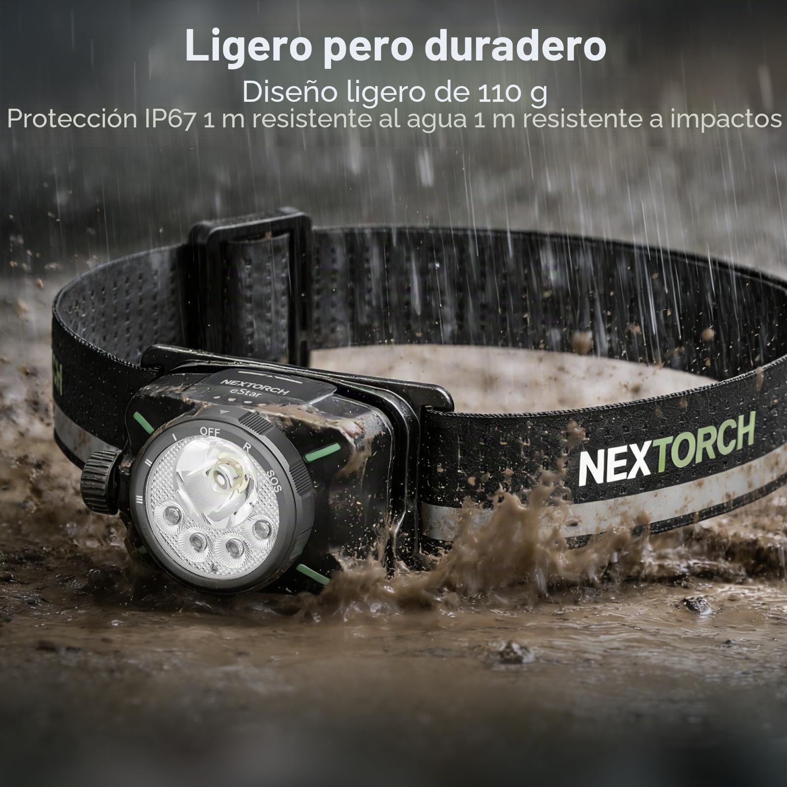 NEXTORCH Linterna frontal recargable Estar, linterna frontal potente de 1 200 lúmenes con luces rojas, haz ajustable (focalizado o amplio), linterna frontal ligera (Negro 1300lm)