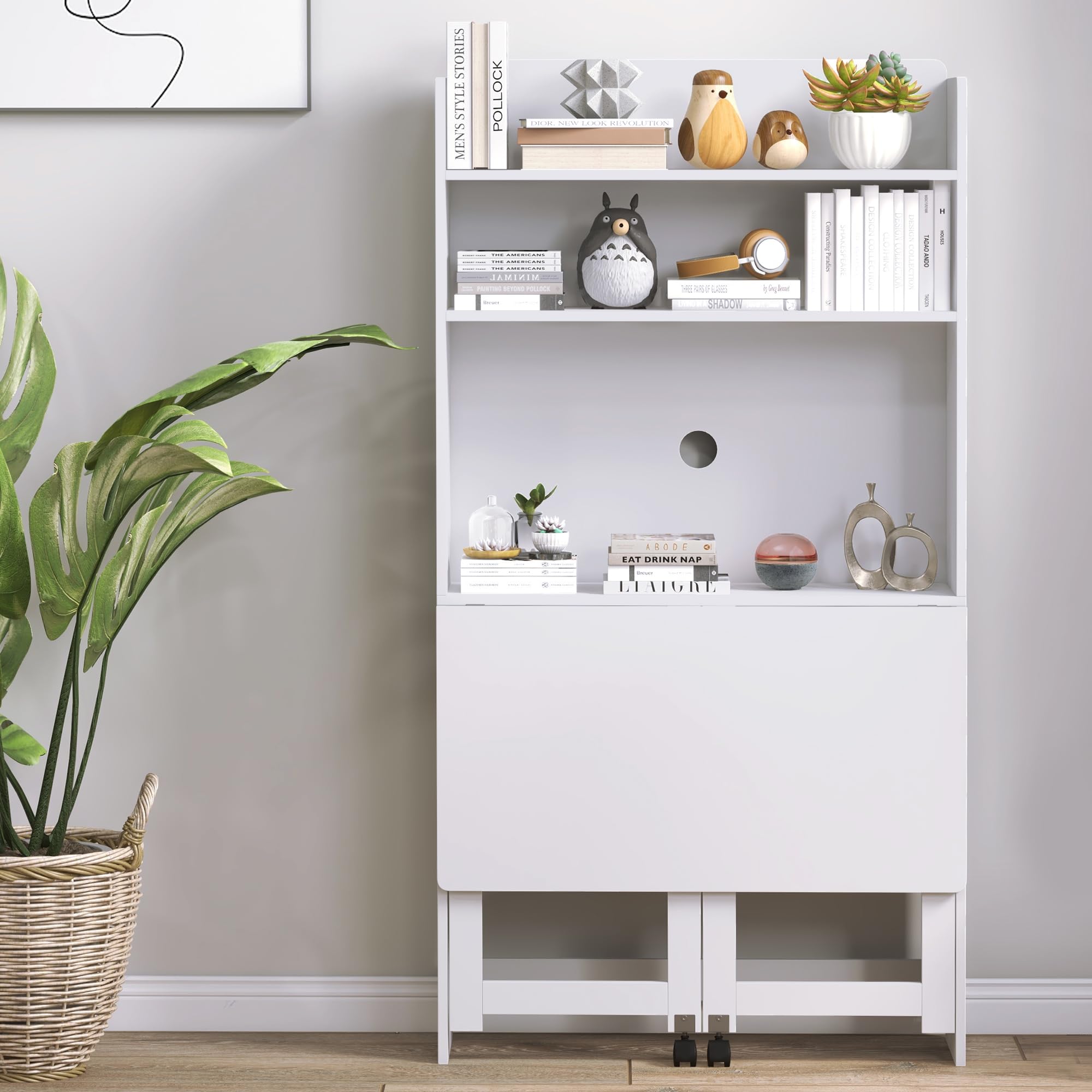HOMCOM Scrivania con Libreria, Piano Pieghevole, 80x69x155 cm, Bianco | 2 Ruote e 4 Ripiani, Scrivania Salvaspazio Moderna con Foro Passacavi, Tavolo per Computer, Casa Ufficio Studio
