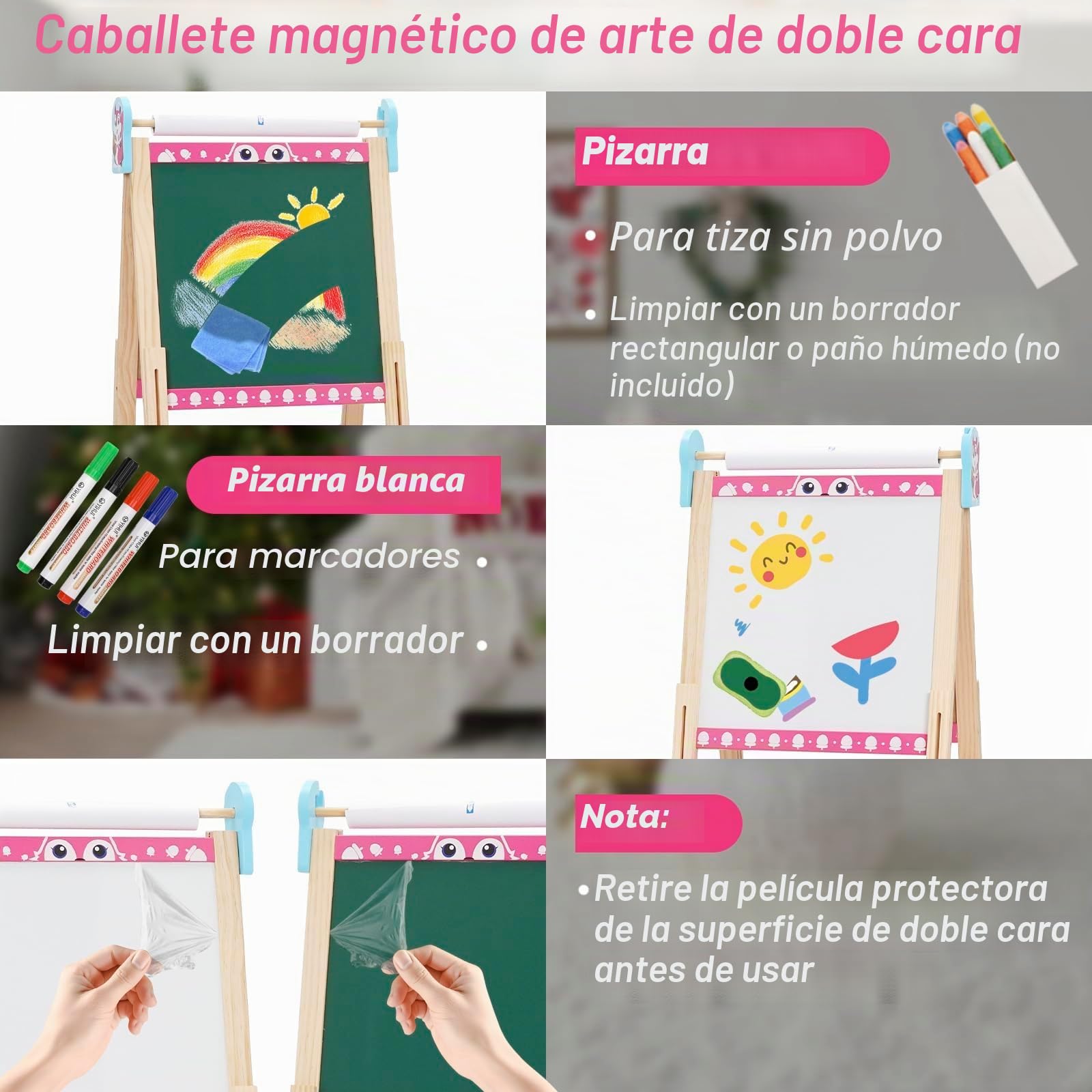 Caballete Infantil 3 en 1 Pizarra de Dibujo de Doble Cara de Madera Plegable con Rollo de Papel, Pizarra Blanca y Pizarra Caballete de Arte de Altura Ajustable 95-125cm Todo en Uno con 100+ Accesorios