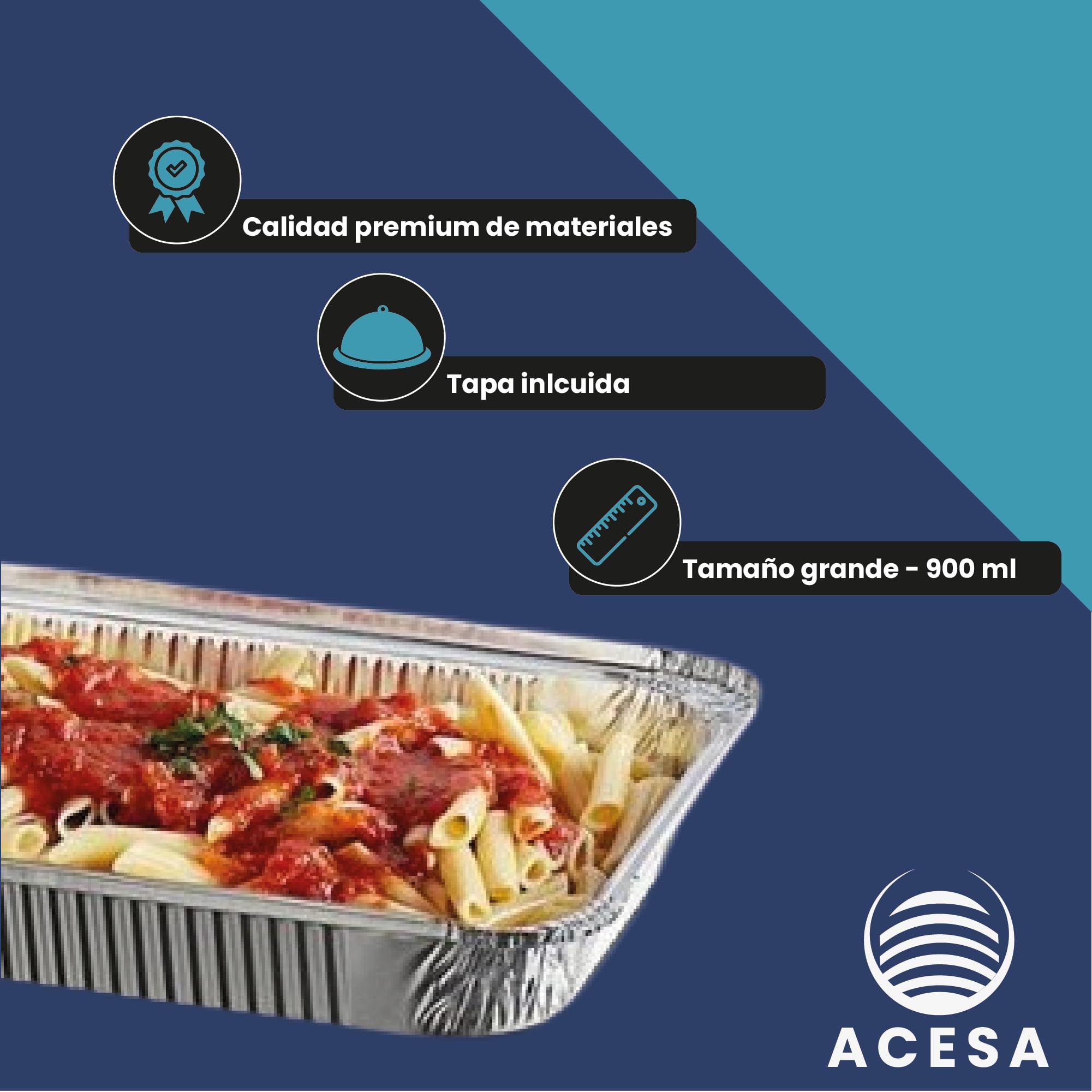ACESA - Envases de Aluminio Desechables con Tapa – 100 bandejas de Aluminio Desechables - Bandeja para Horno - Envases aluminio desechables para alimentos - Ideales para eventos (900ml)