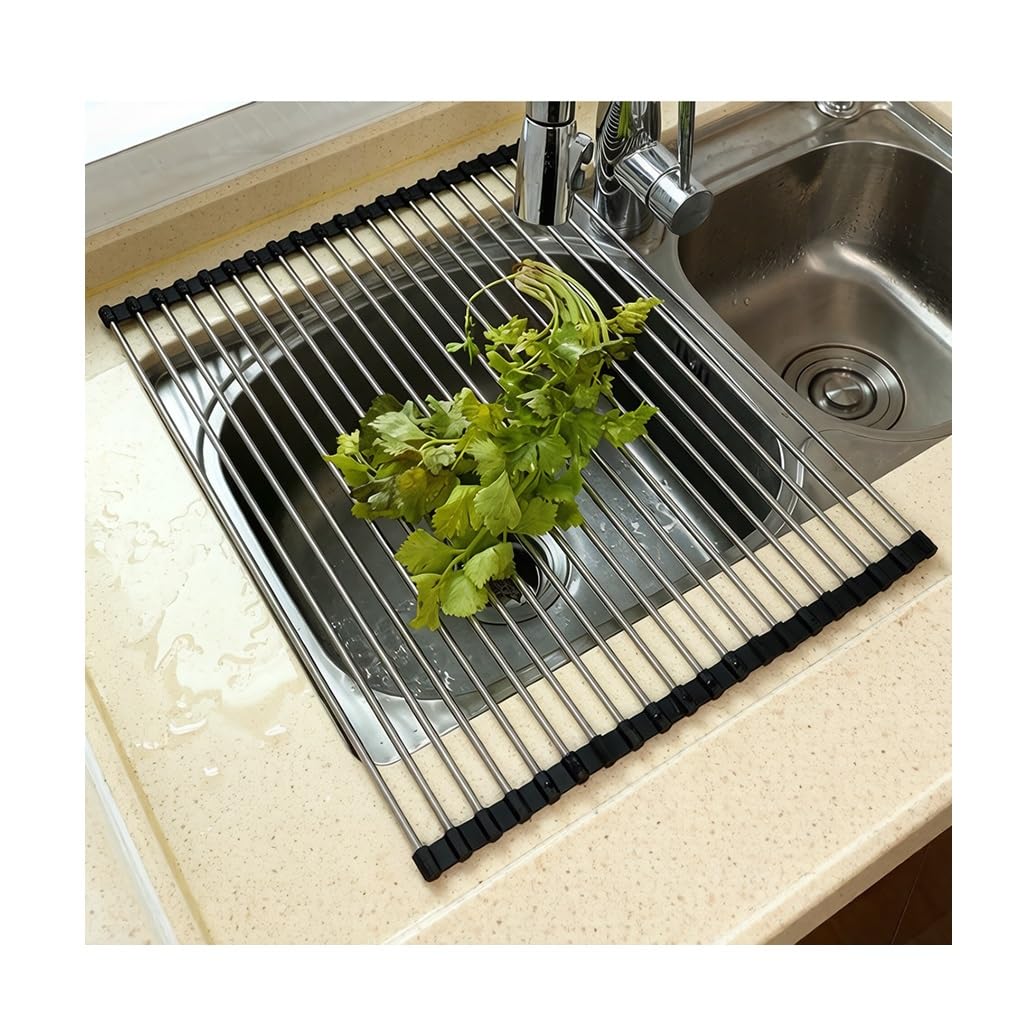 Escurridor de platos enrollable para colocar sobre el fregadero, ideal para la cocina. Escurridor de platos enrollable plegable para colocar sobre el fregadero, con alfombrilla de silicona y rejilla
