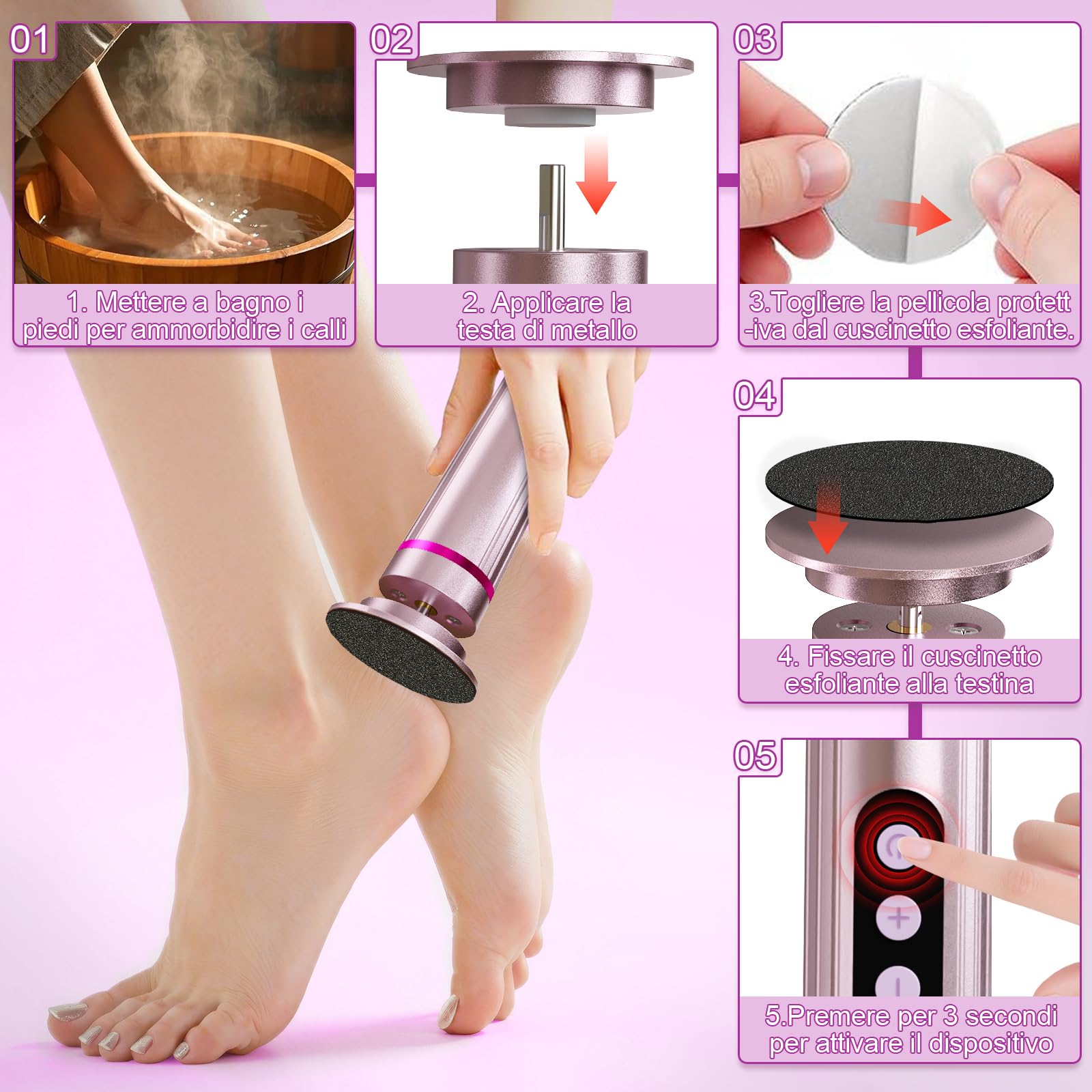 2 in 1 Pedicure Elettrico Professionale Pied,9 Velocità Rimuovi Calli Piedi Elettrica con Display LCD, Dischetti Sostituibili, Lima per Piedi Talloni Cura Piedi e Unghie,Rosa
