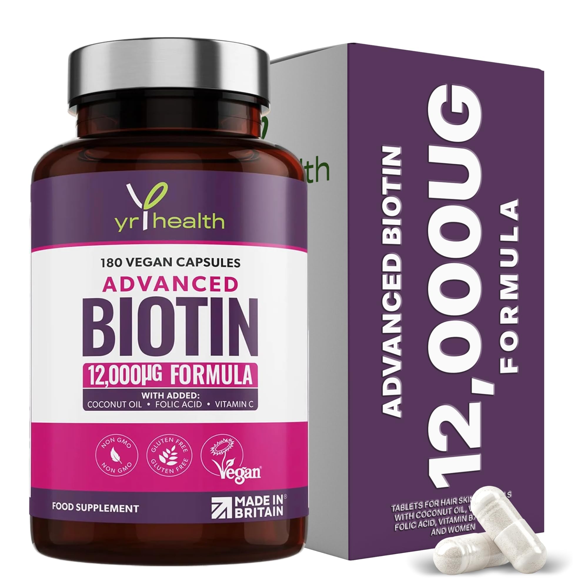 Biotin Hair Growth Supplement 12,000mcg, 180 Vegan Capsules not Biotin Tablets for Hair Skin and Nails with Coconut Oil, Vitamin C & Folic Acid, Vitamin B7 for Men and Women - Made in UK by YrHealth