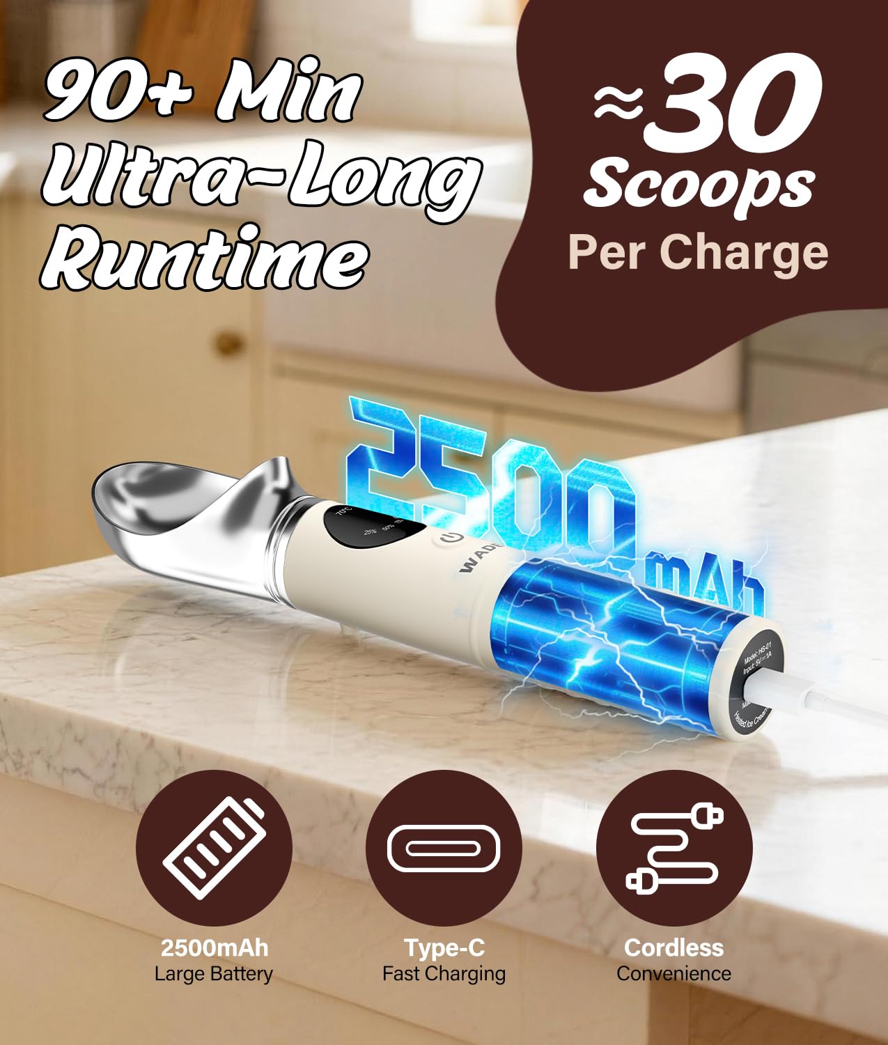 Cuillère à Glace Électrique, WADEO Cuillère à Crème Glacée Chauffante avec Écran LED, 4 niveaux de Chaleur 40-70°C & Étanche IP67, Tête Amovible Cuillère à Glace pour Prélever Facilement Glace Dure