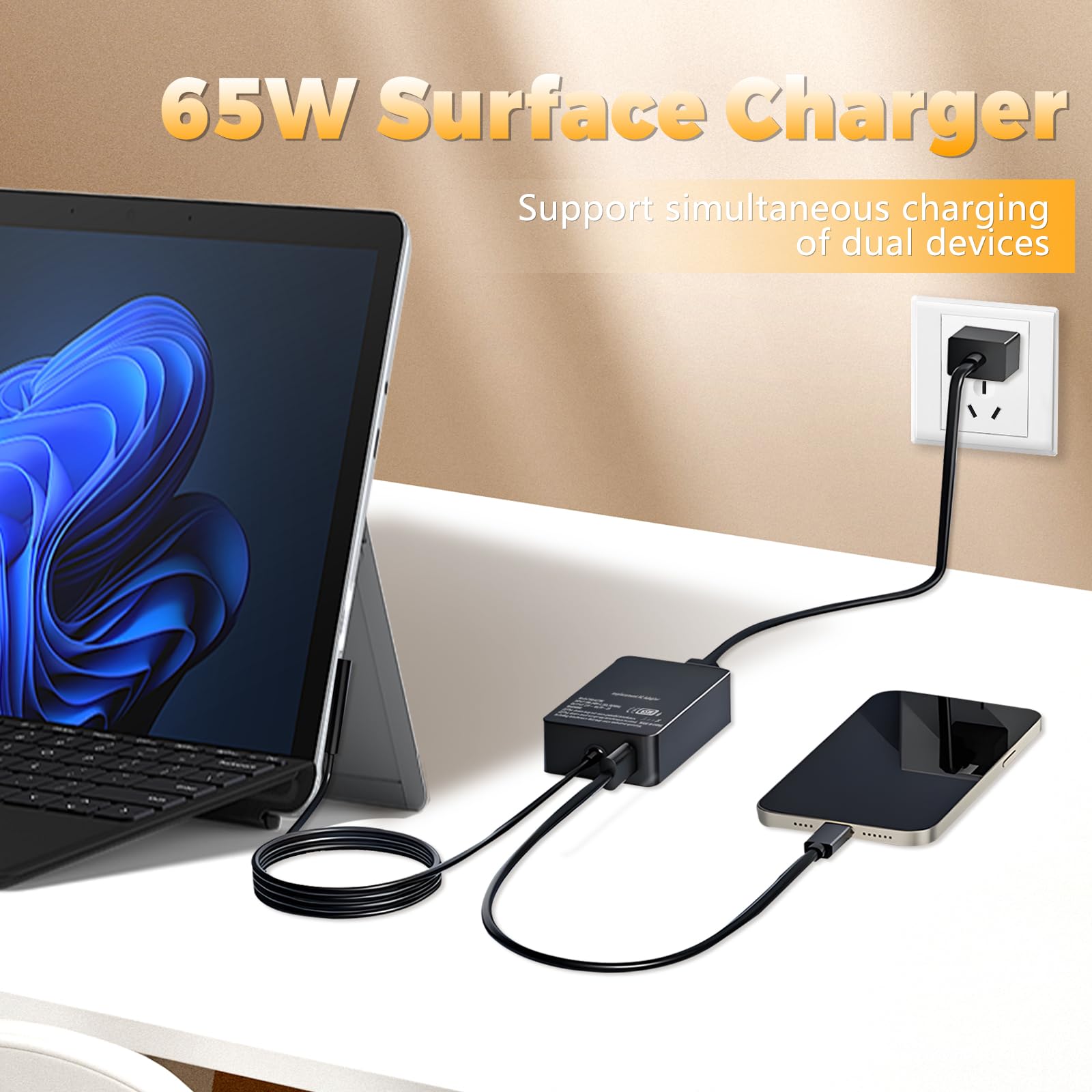 Wymienna ładowarka do laptopa Surface Pro 65 W do Microsoft Surface Pro 10, 9, 8, Surface Go, Surface Book 3, 2, 1, Windows Surface Laptop 6, 5, 4, Adapter