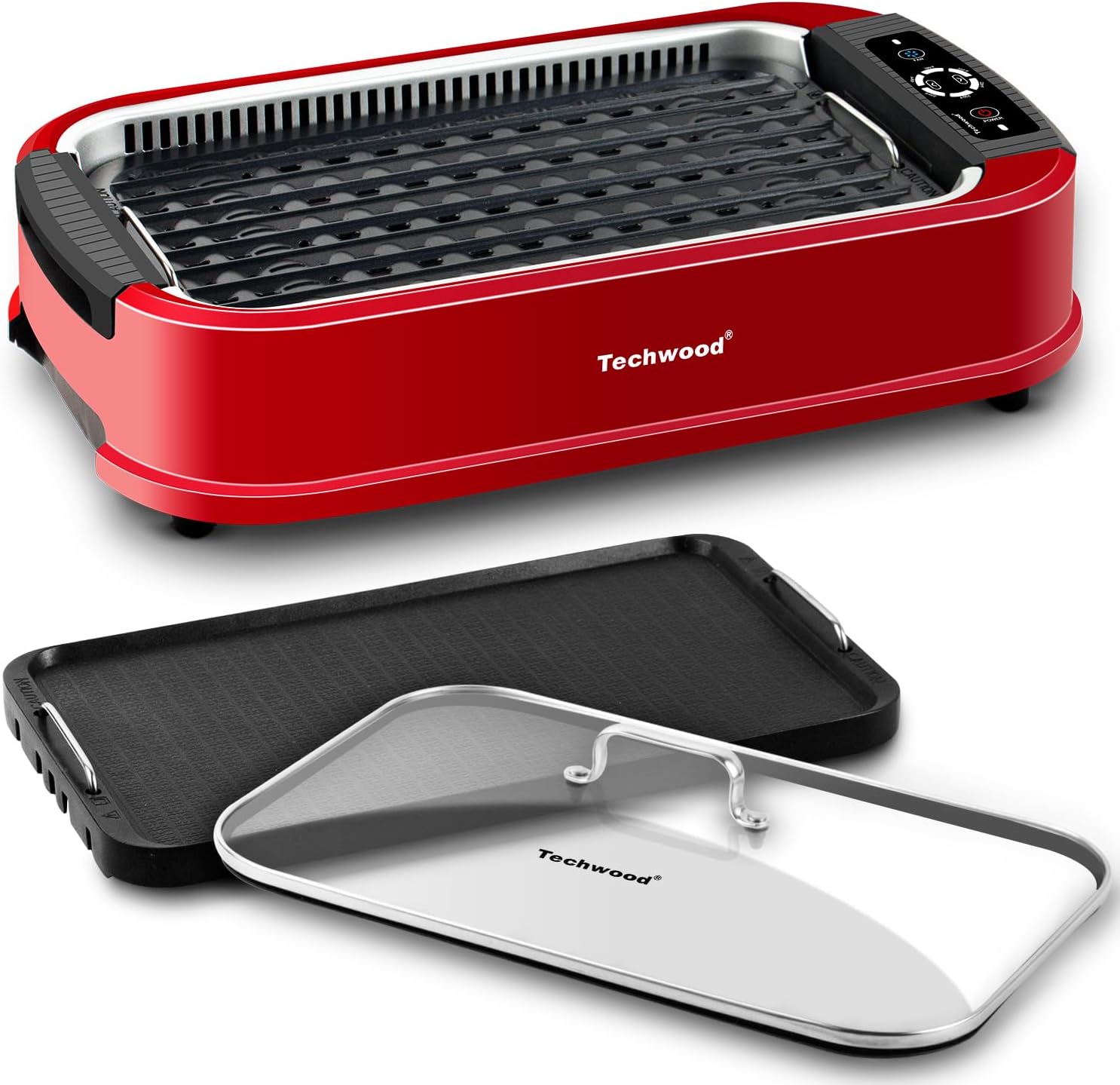 Techwood Indoor Smokeless Grill, 1500W Electric BBQ Grill and Non-Stick Grill Plates with Temperature Control, Removable Drip Tray, Tempered Glass Lid, Red Double Grill Plates Red