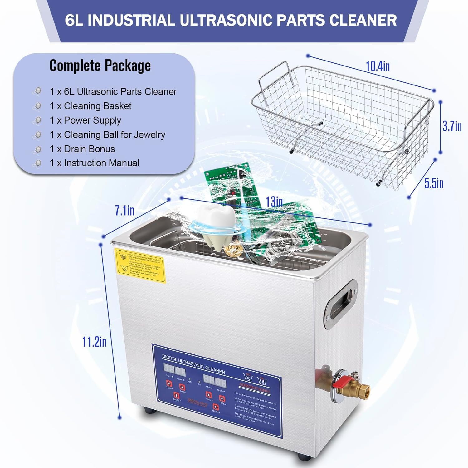 Pulitore ultrasonico da 6 litri per dischi in vinile, gioielli e orologi - Pulitore a ultrasuoni da 40 kHz con timer digitale e riscaldatore per una pulizia efficace di componenti e strumenti ind