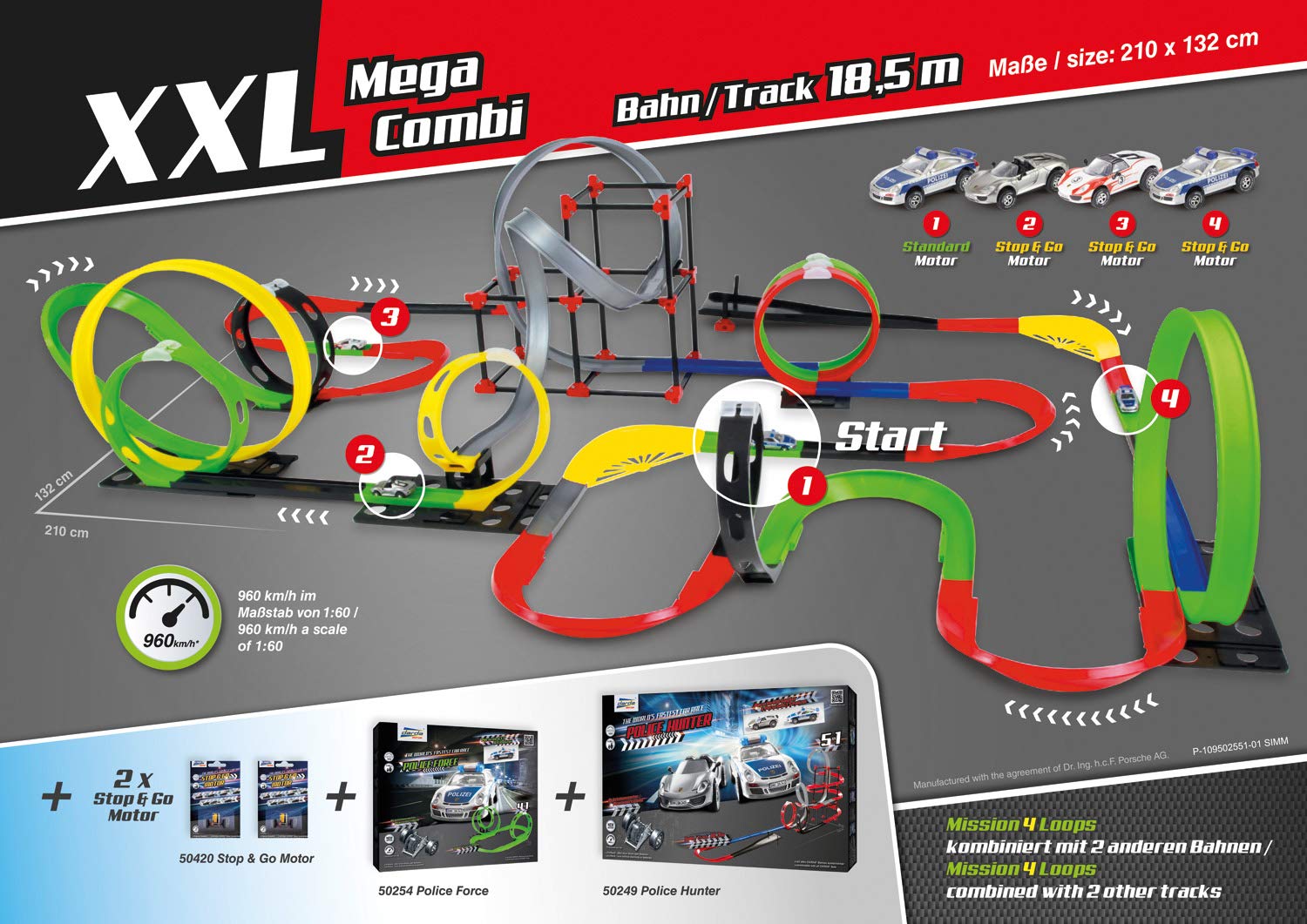 Darda - 50255 Rennbahn Set Mission 4 Loops, Autorennbahn Autos, Rennstrecke ca. 6,90 Meter, Bahn mit 4 Loopings, 1 Steilkurve und 1 Rennwagen, Rennauto Spielset für Kinder ab 5 Jahre