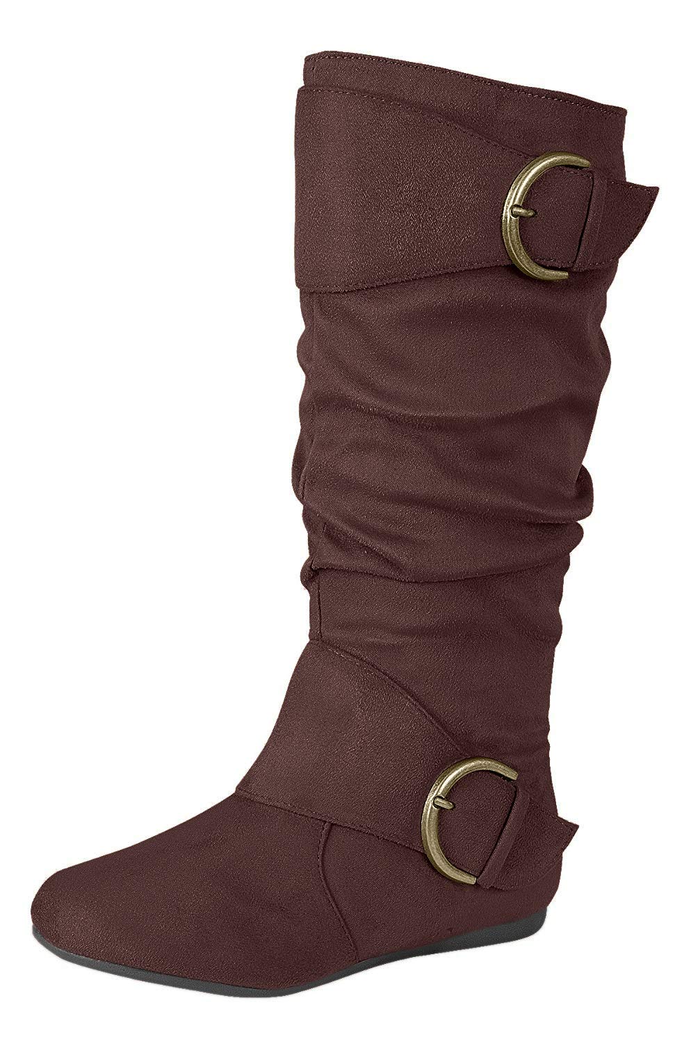 Forever Link Women's Klein-70 Closed Round Toe Buckle Slouch Flat Heel Mid-Calf Boot