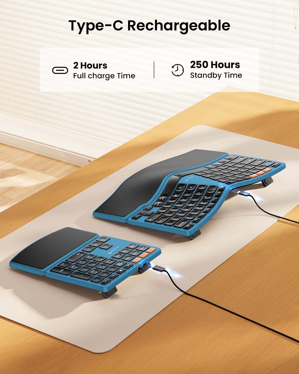 ProtoArc Bluetooth Ergonomic Keyboard, Wireless Split Keyboard with Separate Number Pad, Dual Bluetooth and USB, Hard Wrist Rest, Rechargeable for Windows/Mac/Android - Blue — view 6