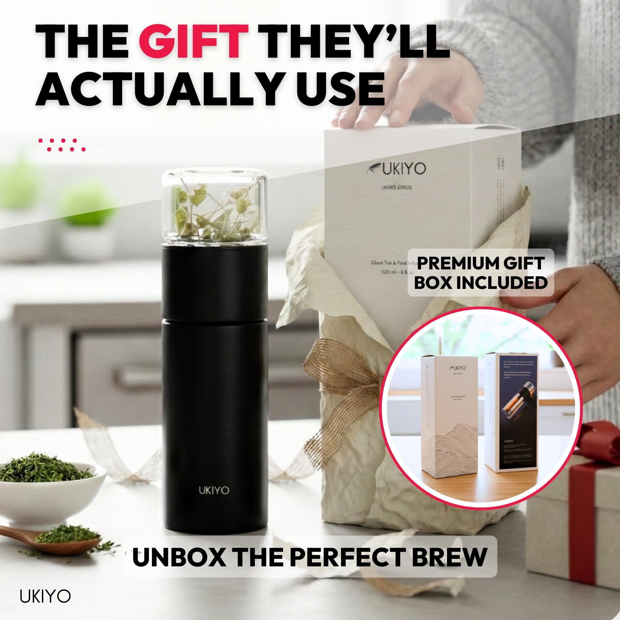 Ukiyo - Botella de acero inoxidable y vidrio con infusor de té y frutas, vaso de viaje con filtro de acero inoxidable
