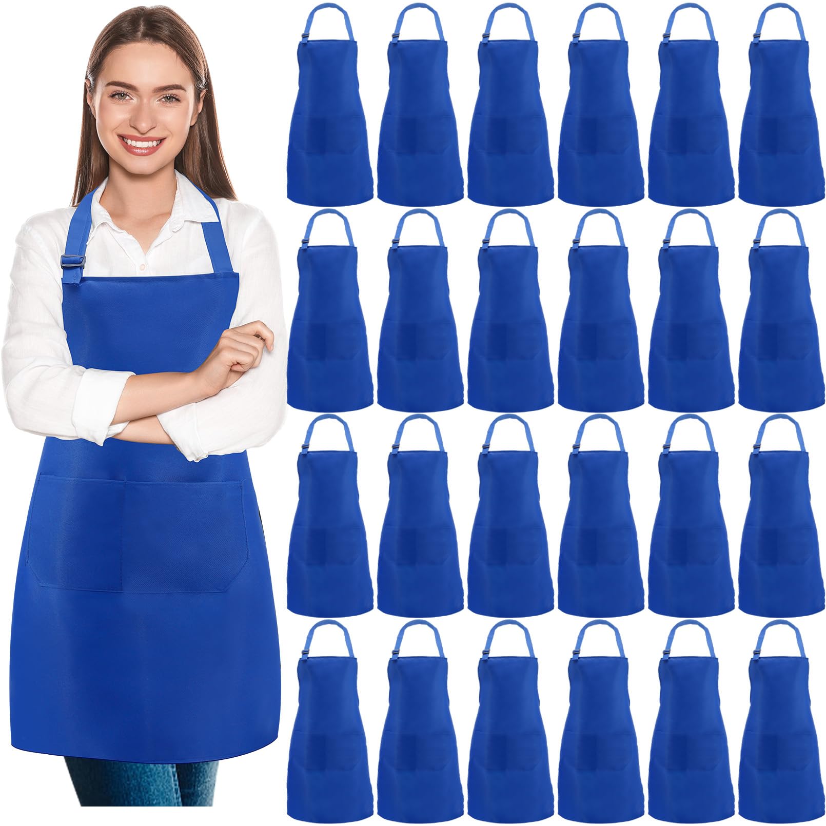 24 grembiuli regolabili vuoti, unisex, blu tinta unita, con 2 tasche, per adulti, cucina, barbecue, grigliate, forno, lavabili in lavatrice, blu, 60,5 x 71 cm