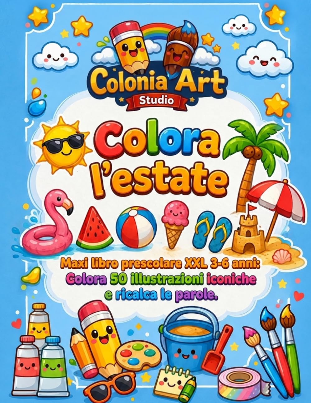 Colora l'estate.: Maxi libro pre-scolare XXL 3-6 anni: Colora 50 illustrazioni iconiche e ricalca le parole