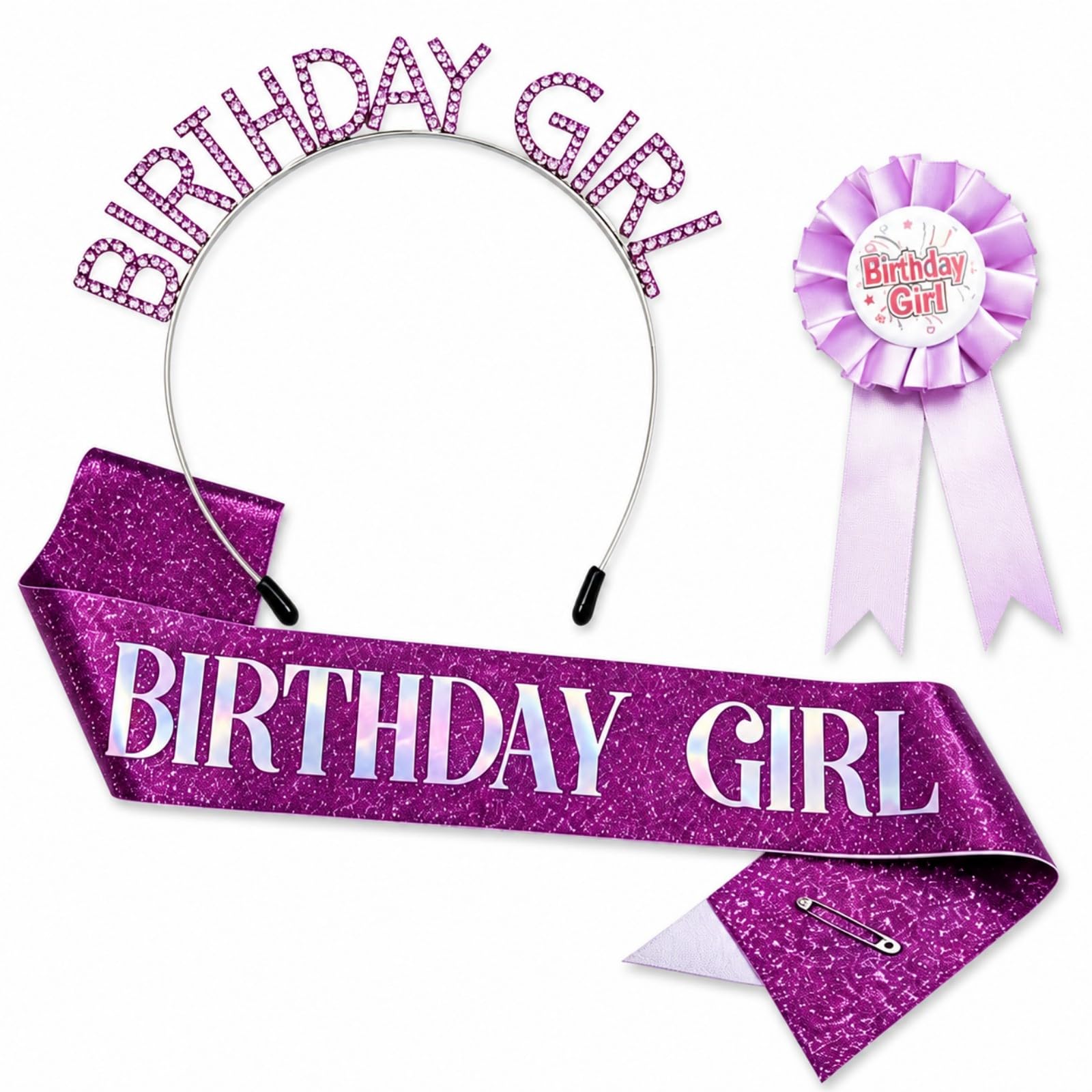 Ufyuayig Purple Birthday Headband Sash Badge Set 3 Piece Party