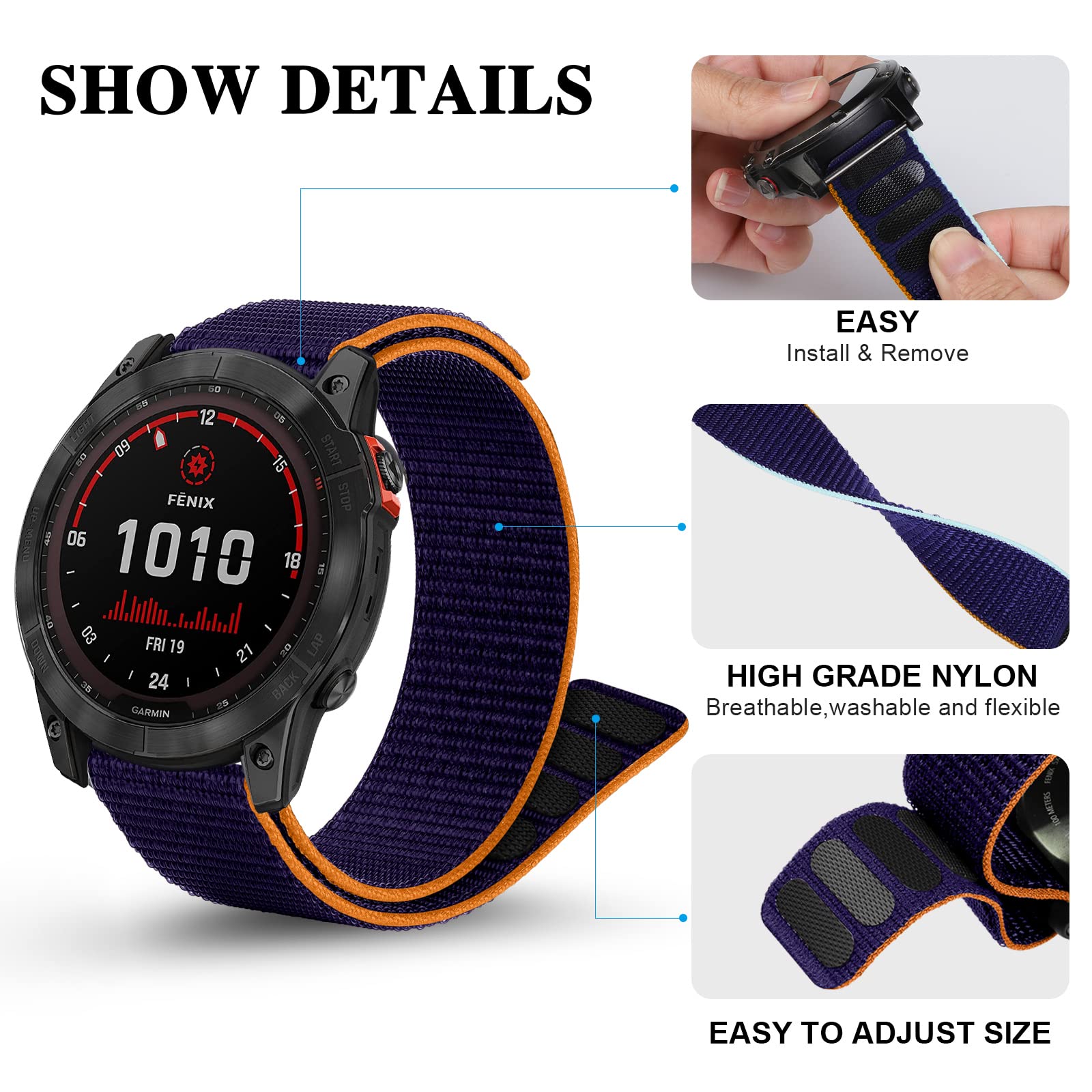 Strap for Fenix 5/Fenix 6/Fenix 7, 22mm Nylon Watch Sport Strap for Fenix 5, Fenix 6, Fenix 7, Fenix 5 Plus, Fenix 6 Pro, Forerunner 935, 945, Quatix 6, 5, Gear S3, Galaxy Watch 46mm, Watch 3 45mm - Image 2