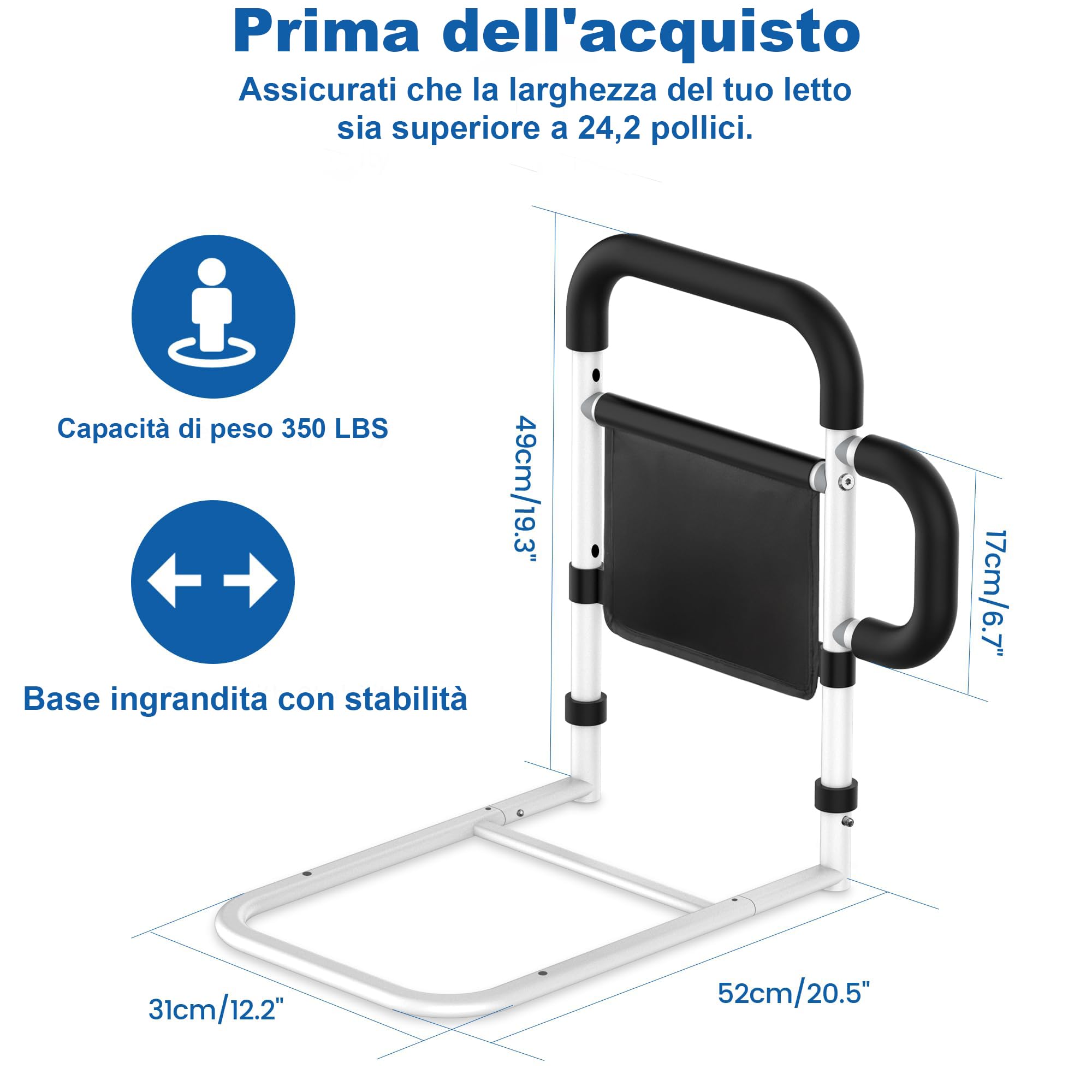 Sponda Letto Anziani con Braccioli Rimovibili–Sponde Letto Anziani con Cinghie di Fissaggio,Borsa Portaoggetti,Adatto a Letti King/Queen/Full/Twin,Supporto Medio fino 160 kg