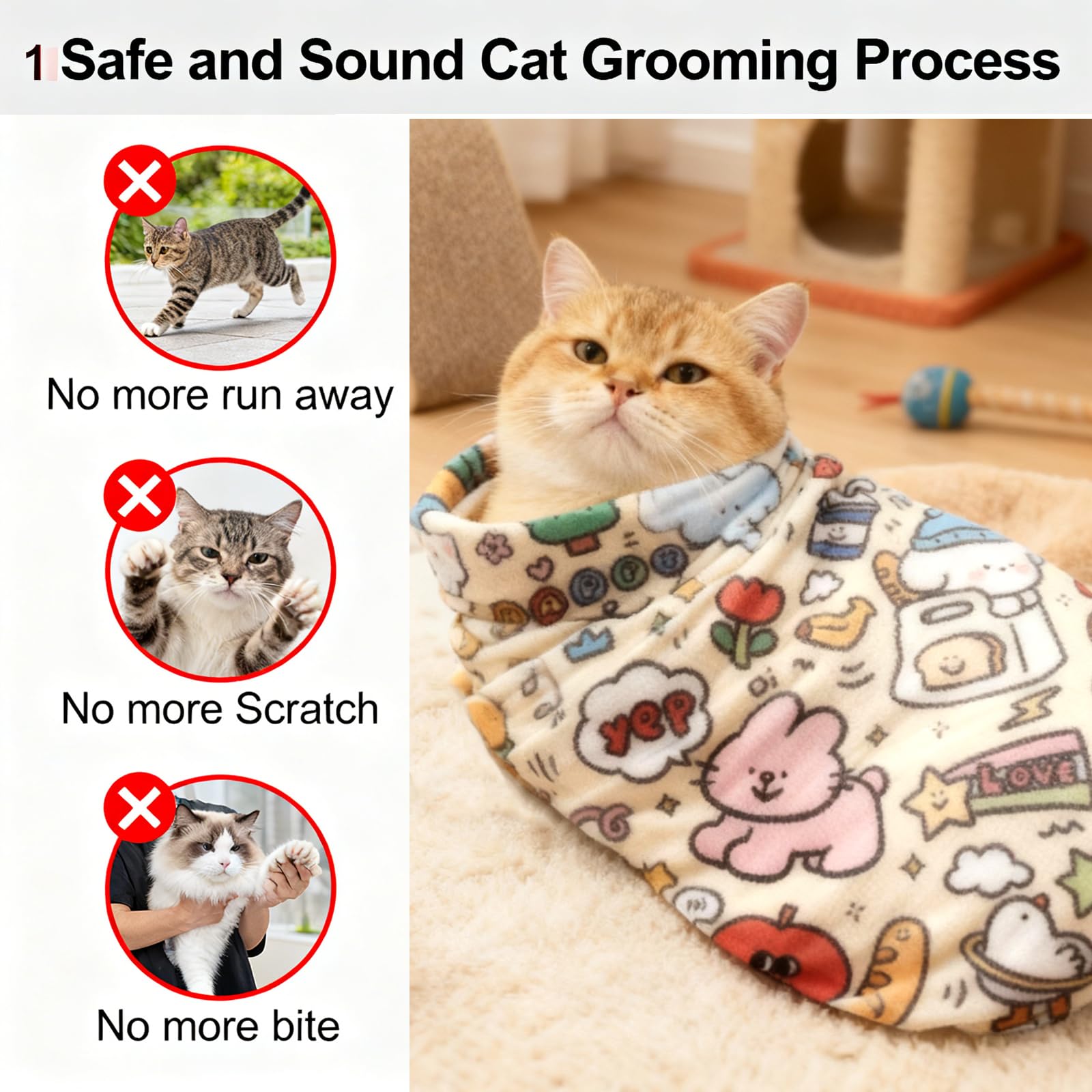 Cat Grooming Wrap, ściereczka do pielęgnacji kotów, samoprzylepna, 70 x 70 cm, odporna na ugryzienia i zarysowania, do przycinania pazurów, wiązania kotów, do pielęgnacji paznokci