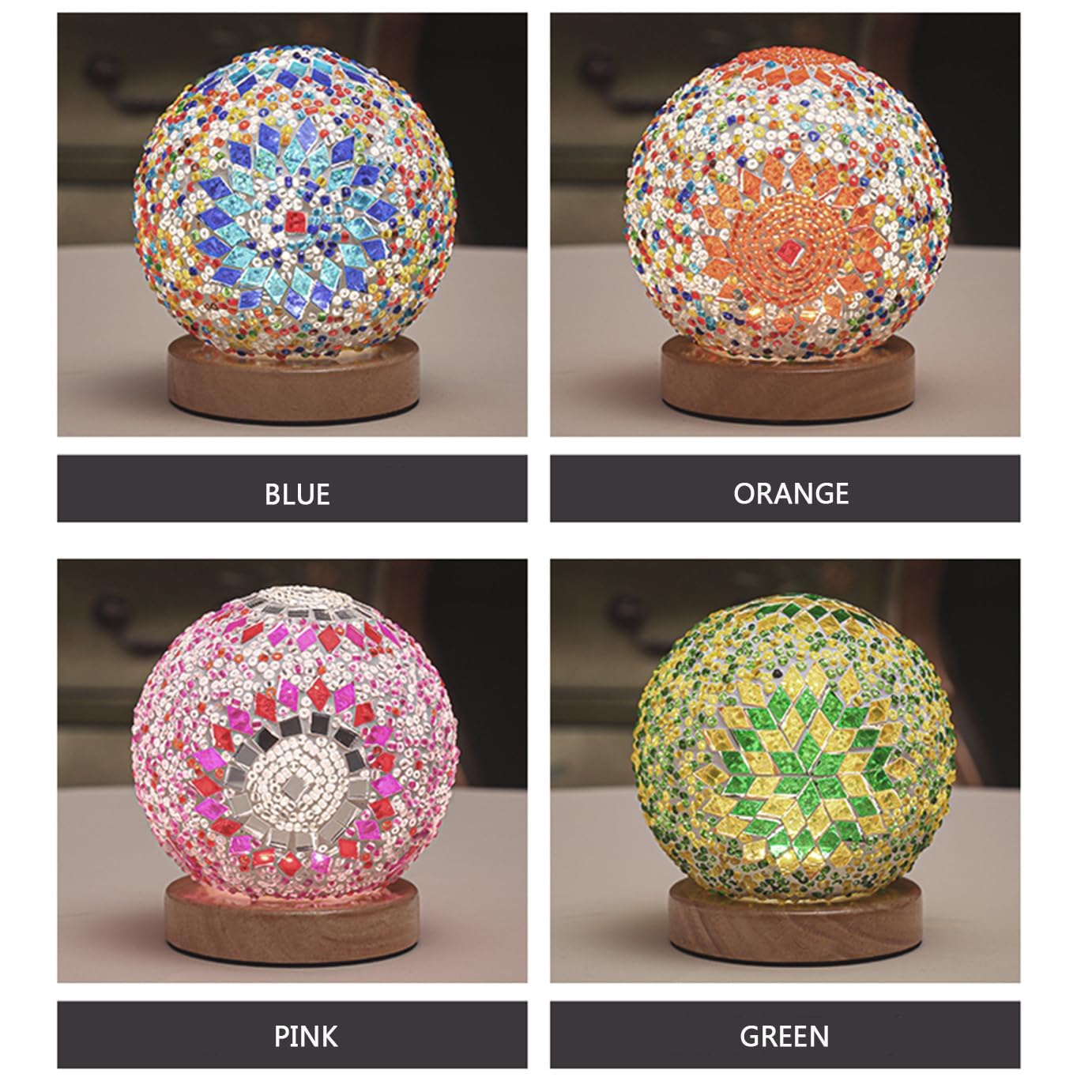 CCXXYGWJ Lámpara de Mesa turca (D:4.7" x H:5.2") Lámparas de Vidrio Mosaico con Base de Madera Lámparas de Noche Bohemias Linterna marroquí con alimentación USB para Sala de Estar
