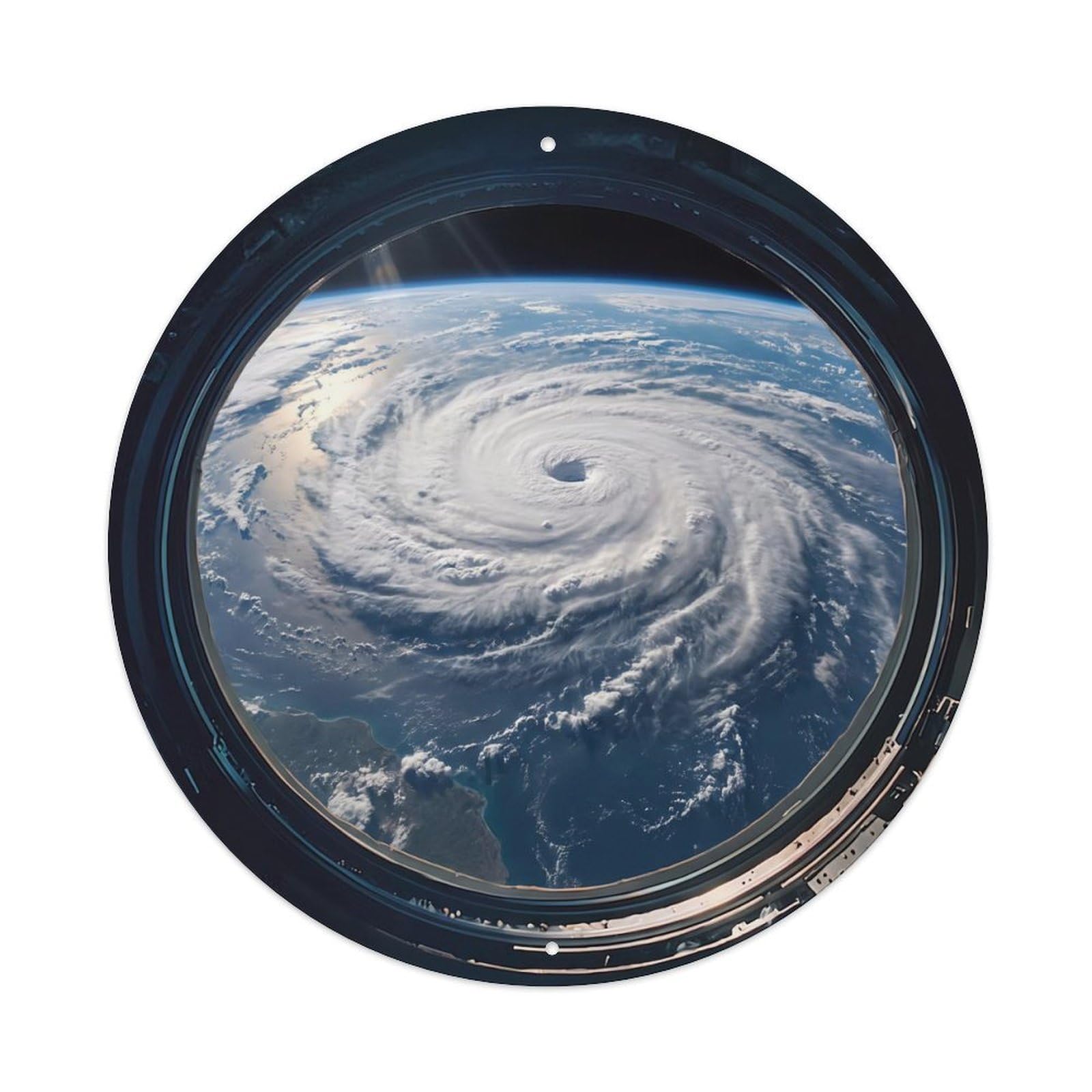 Metal Tin Sign Earth Hurricane Storm from Space Station Porthole