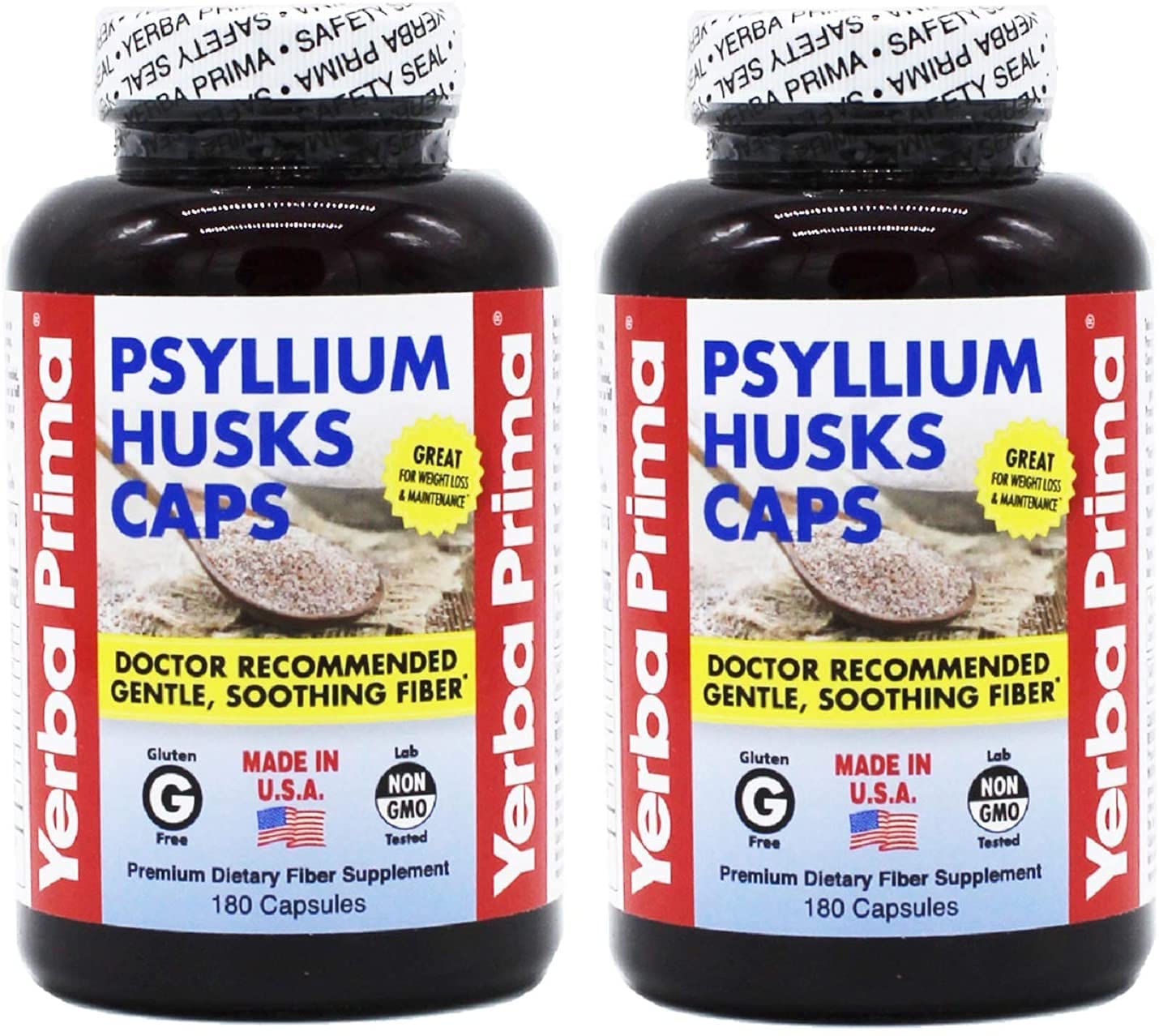 Yerba PrimaPsyllium Husks Caps - 180 caps (Pack of 2) - Natural Fiber Supplement and Colon Cleanse - Gut Health - Vegan Non-GMO Gluten Free