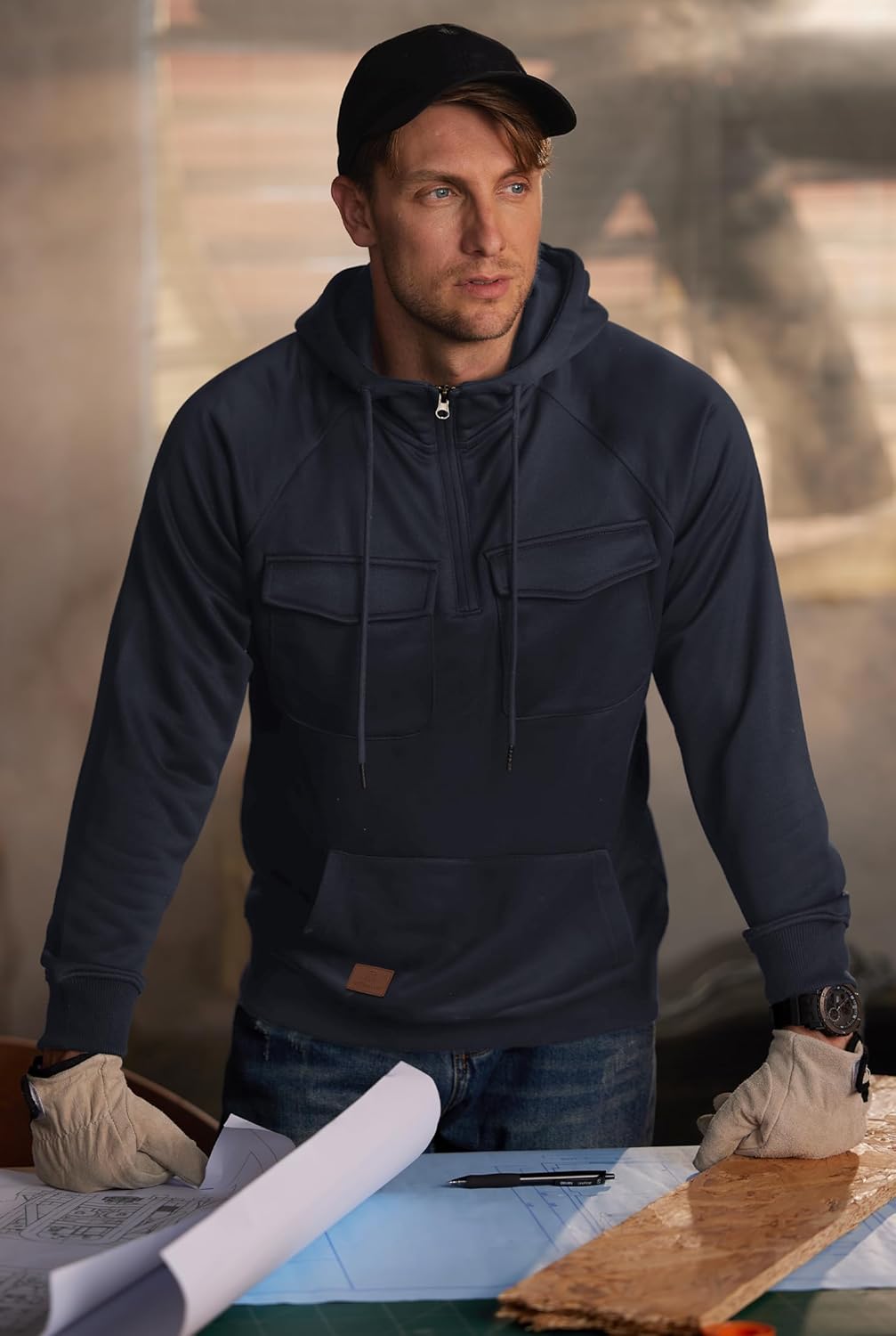 Mens Fashion Trendy Pullover Thick Comfort Hooded Shirt Cargo Tactical Quarter Zip Utility Chest Pockets Classic Heavyweight Durable Pocket Outdoor Longsleeve Loose Fit Hoodie Navy XL - Image 5