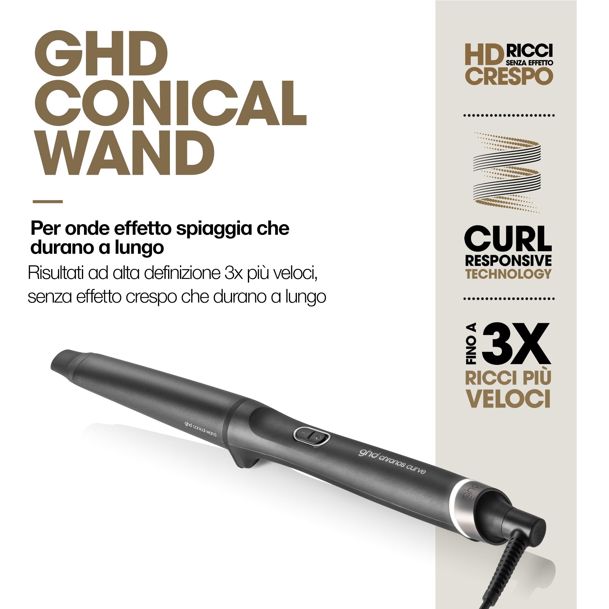 ghd Chronos Curve Conical Wand Arricciacapelli Professionale in Nero - Per Onde Effetto Spiaggia che Durano a Lungo - Ideale per Tutte le Lunghezze di Capelli (Presa EU)