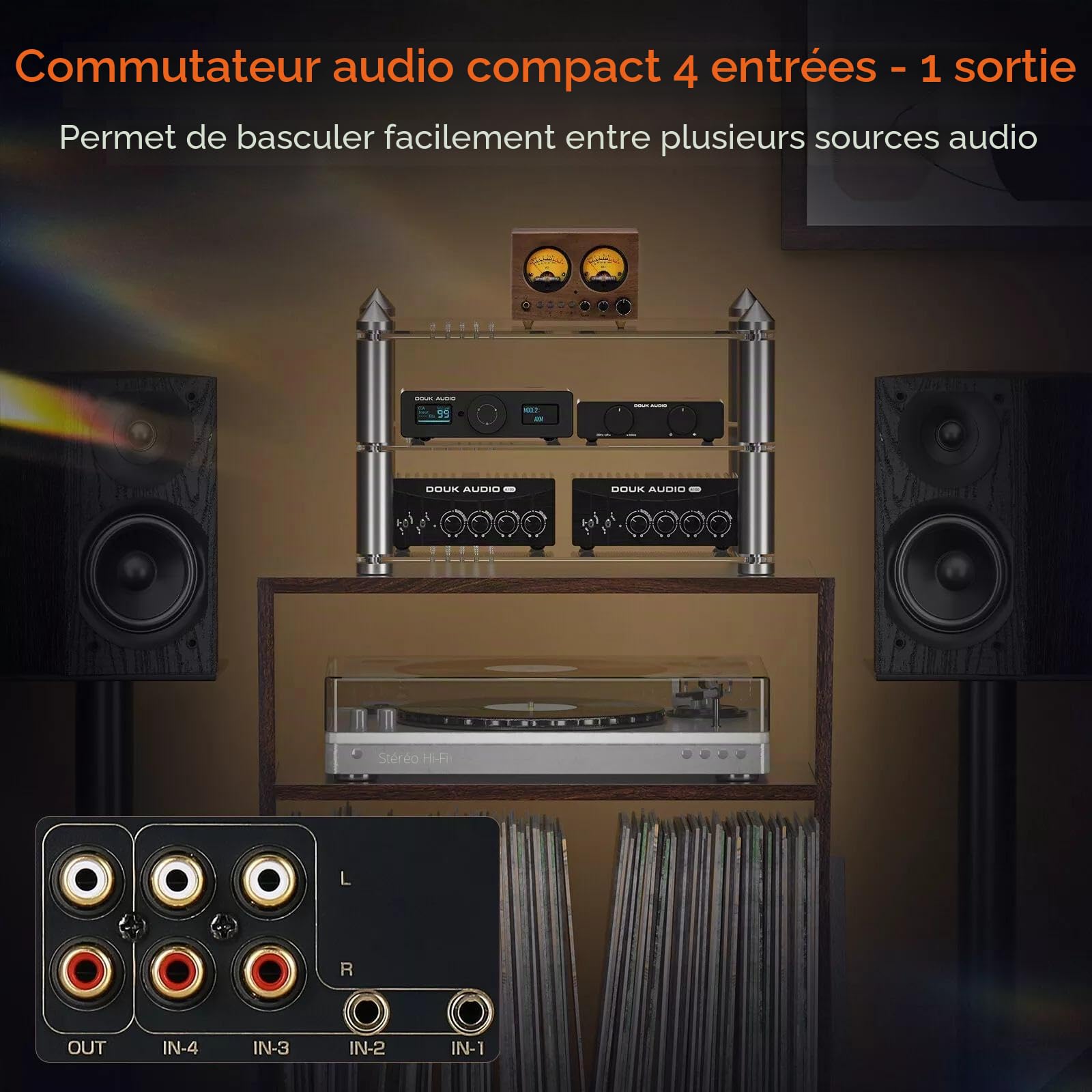 Commutateur audio 4 en 1 OUT Préamplificateur stéréo avec VU-mètre et télécommande