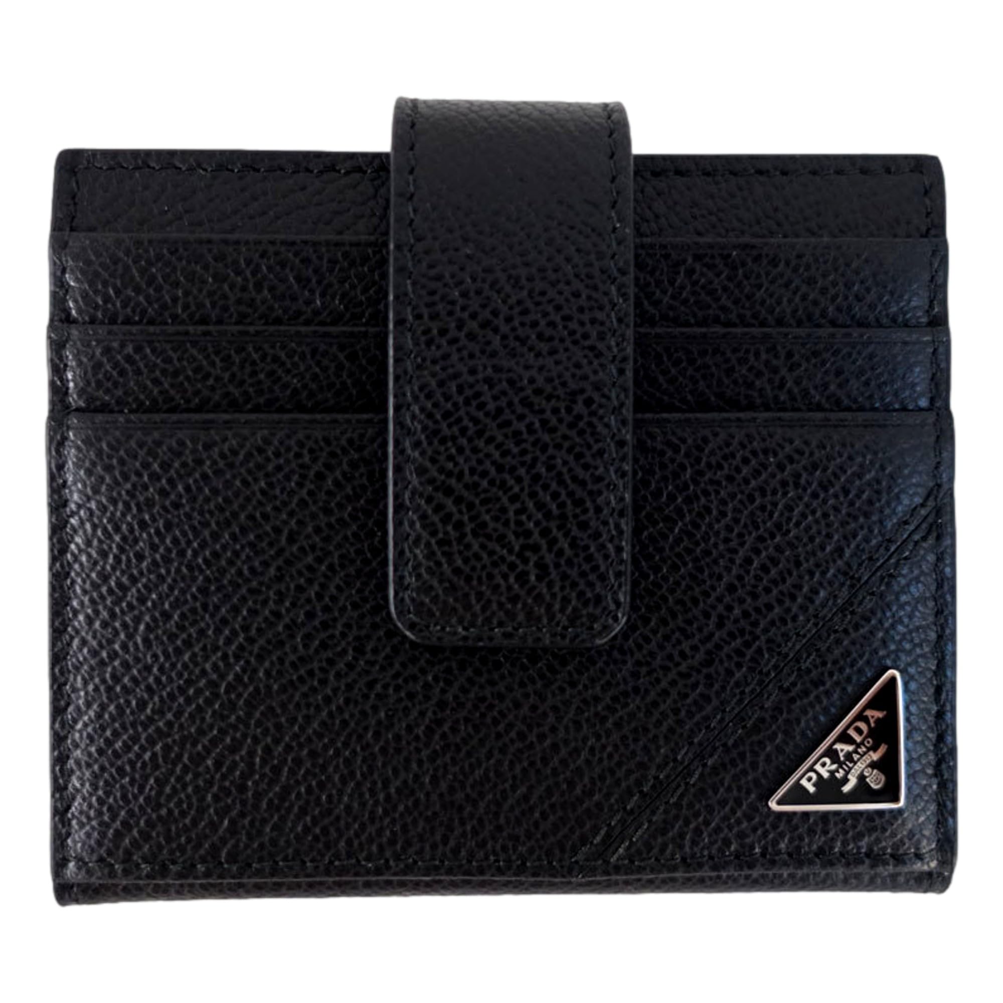 Prada Mens Black Leather Card Holder Bifold Wallet Triangle Logo