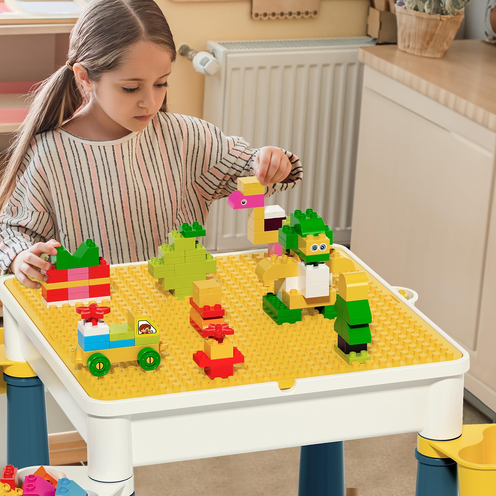 burgkidz Blocchi di costruzione per bambini tavolo e sedia, tavolo multi-attività con 1 sedia e 130 pezzi di grandi blocchi, mattoni creativi, giocattoli compatibili per ragazzi e ragazze