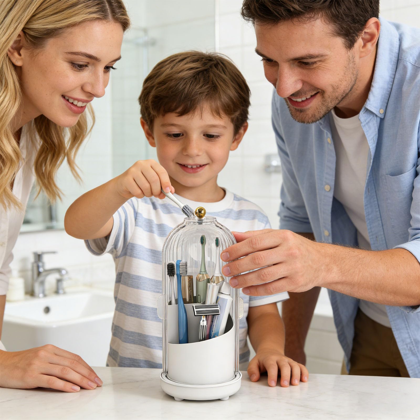Drehbarer Zahnbürstenhalter mit Deckel und Drainagesystemen für hygienische Badezimmer-Organisation und platzsparende Bequemlichkeit, rotierendes Zahnbürstendesign