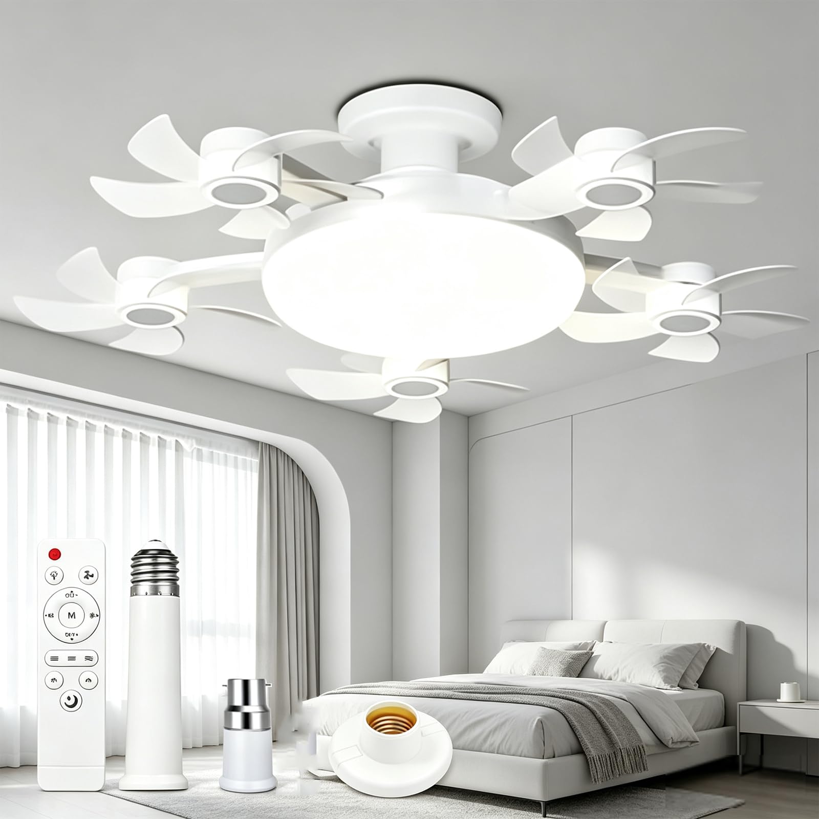 ANBTUKJ Ceiling Fan with Lights Remote, 5 Heads 80W 3 Speeds Dimmable Modern Fan Light, 2-in-1 E27/B22 with Timer Quiet Mode for Bedroom Closet Garage