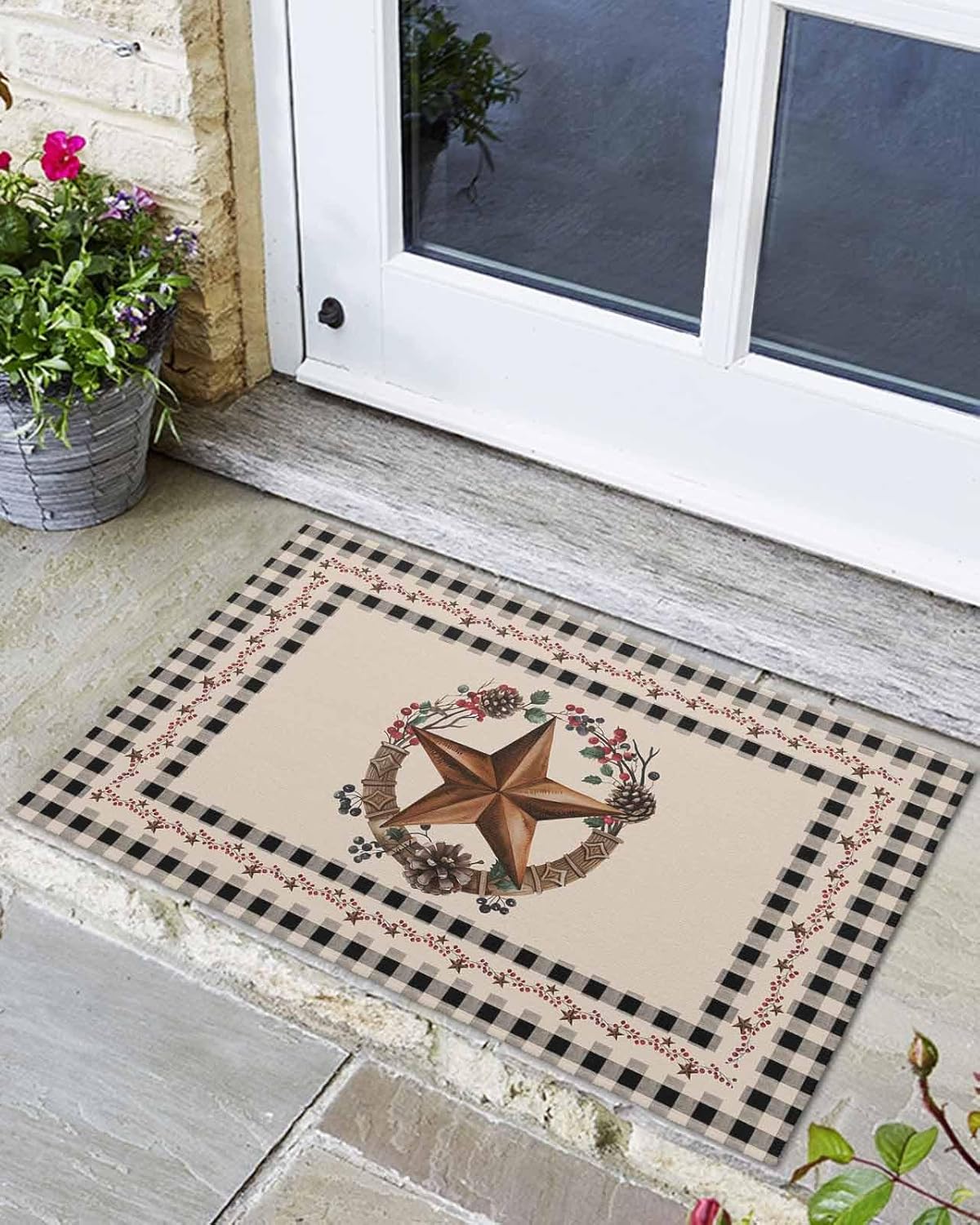 Front Door Mat, Non - Slip Absorbent Door Entry Mats, Doormats Indoor/Outdoor Entrance Small Rugs, Western Texas Star and Primitive Berries Country Farm Style Doormat - Floor Mats for Home 24x36 Inch